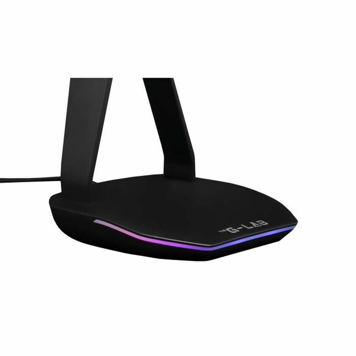 Schwarzer Ständer mit RGB-Beleuchtung und dem "G-LAB"-Logo.