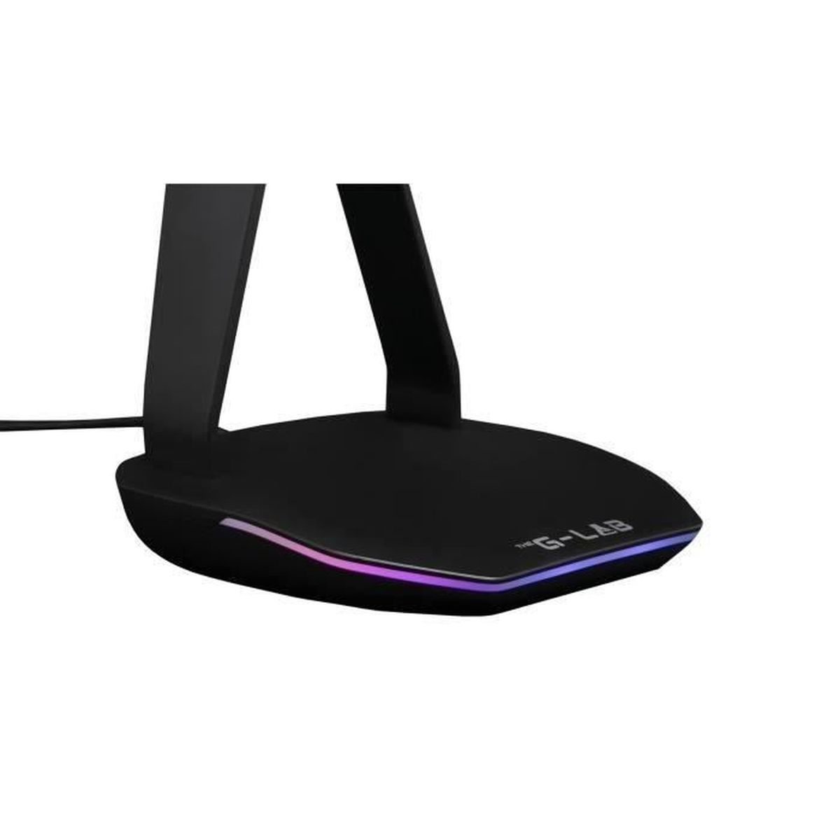Schwarzer Headset-Ständer mit lila und pinker RGB-Beleuchtung an der Basis.