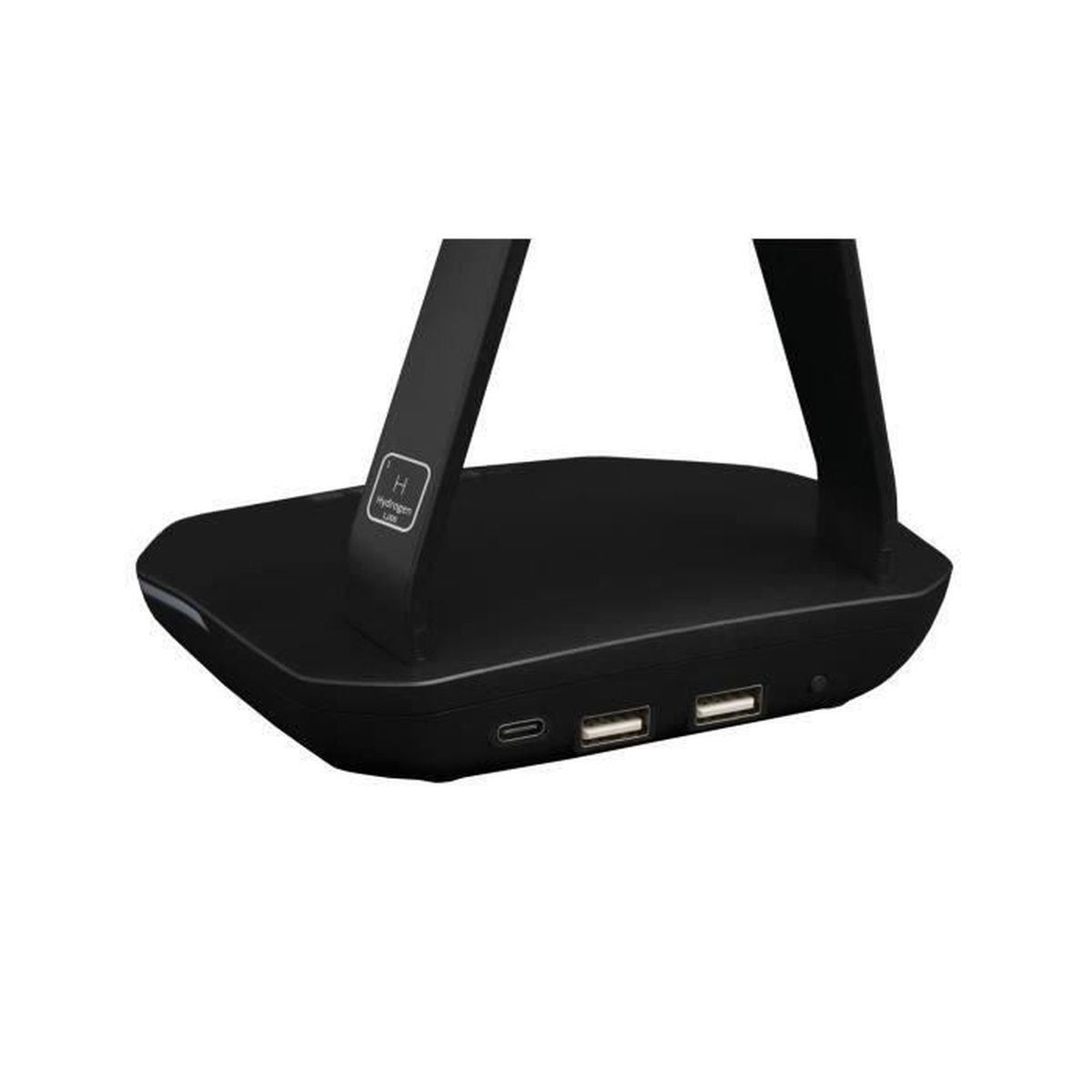 Schwarzer Tischlampensockel mit zwei USB-Anschlüssen und einem Logo.