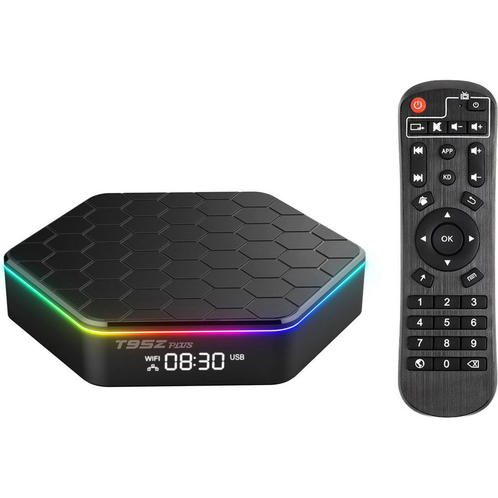 Schwarze sechseckige Medienbox mit bunten LED-Lichtern und Fernbedienung.