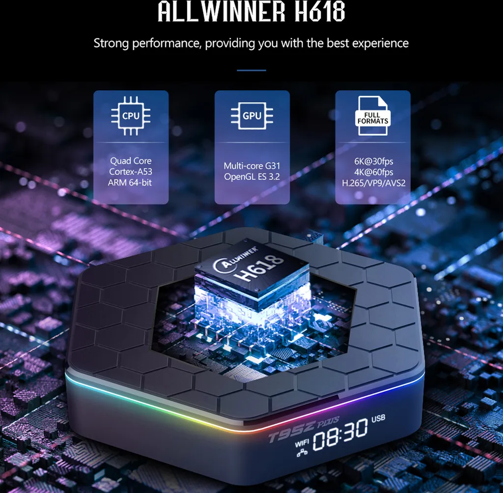 Ein Allwinner H618 Mediaplayer mit CPU, GPU und Full Formats Infos.