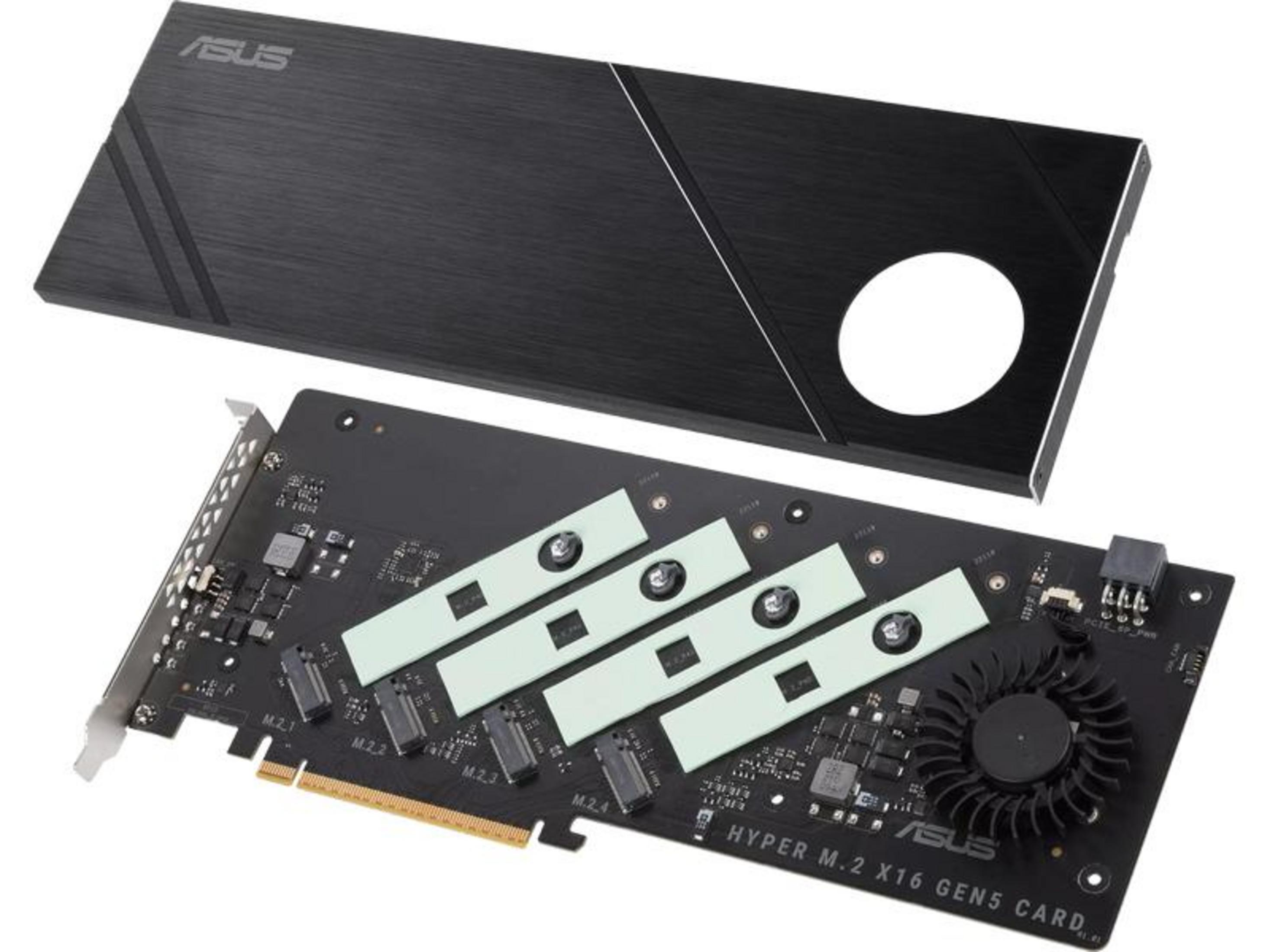 Un aggiornamento scheda ASUS M.2 X16 Gen5 nero con dissipatore e ventola.