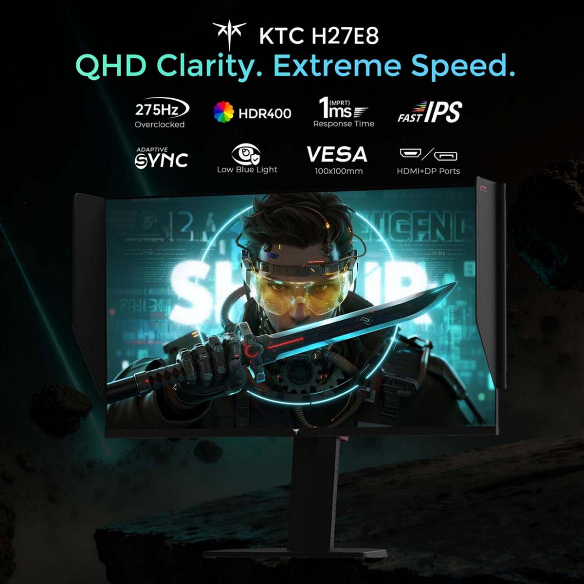 Ein Mann mit gelber Brille und Schwert vor einem KTC-Monitor mit Spieltext.