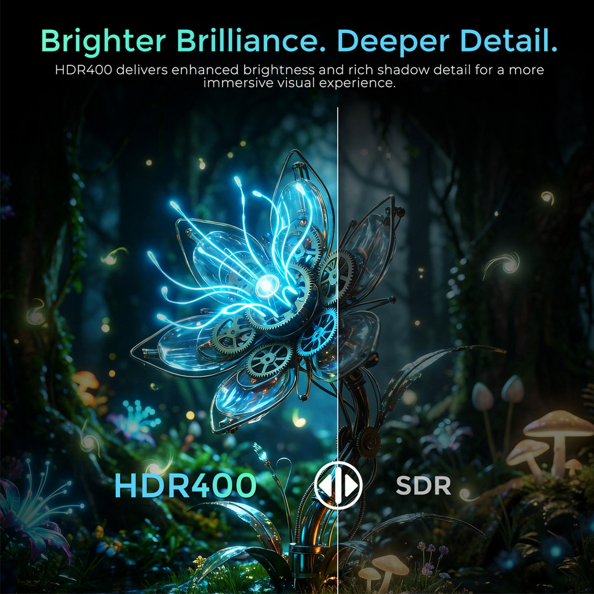Mechanische Blume im HDR- und SDR-Vergleich, mit leuchtenden Details.