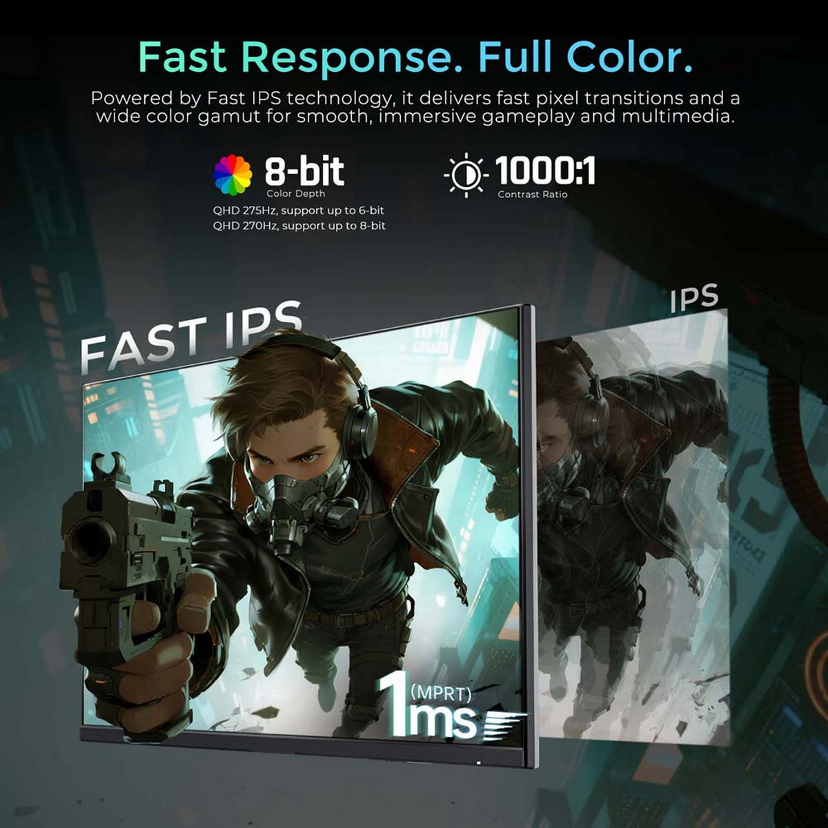 Ein Spieler mit Kopfhörern und Maske hält eine Waffe. "Fast IPS" wird hervorgehoben.