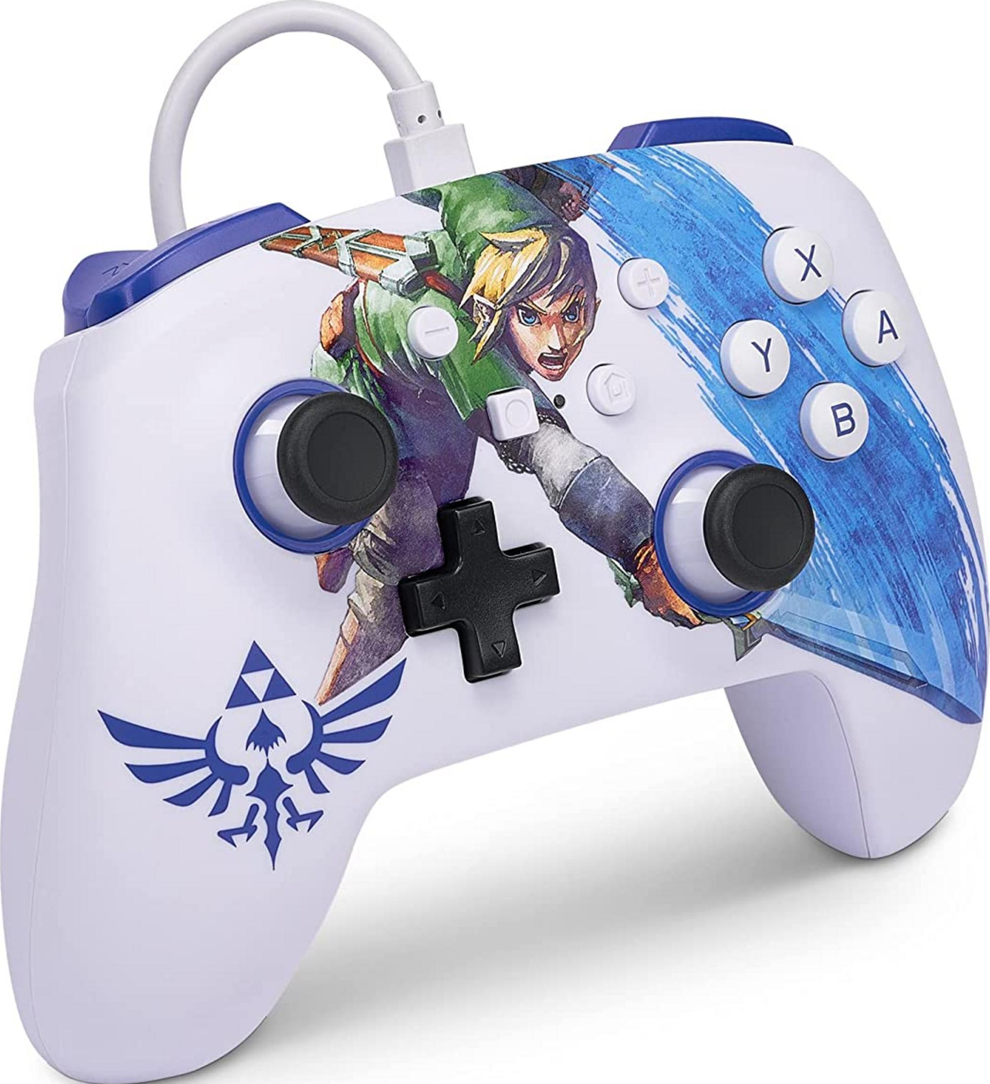 Biały kontroler z postacią Linka z gry Zelda i symbolem Triforce.