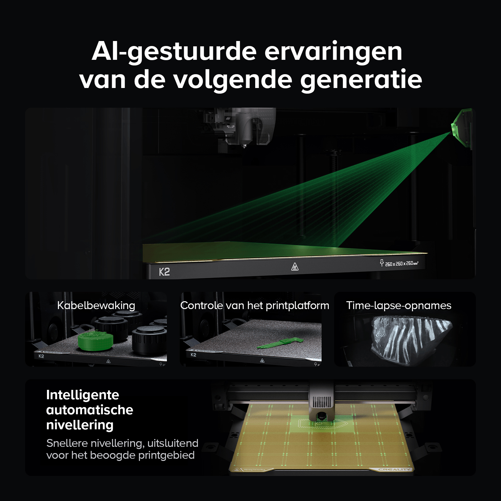 A 3D printer with green laser projection, cable monitoring, print platform control, and time-lapse capture.