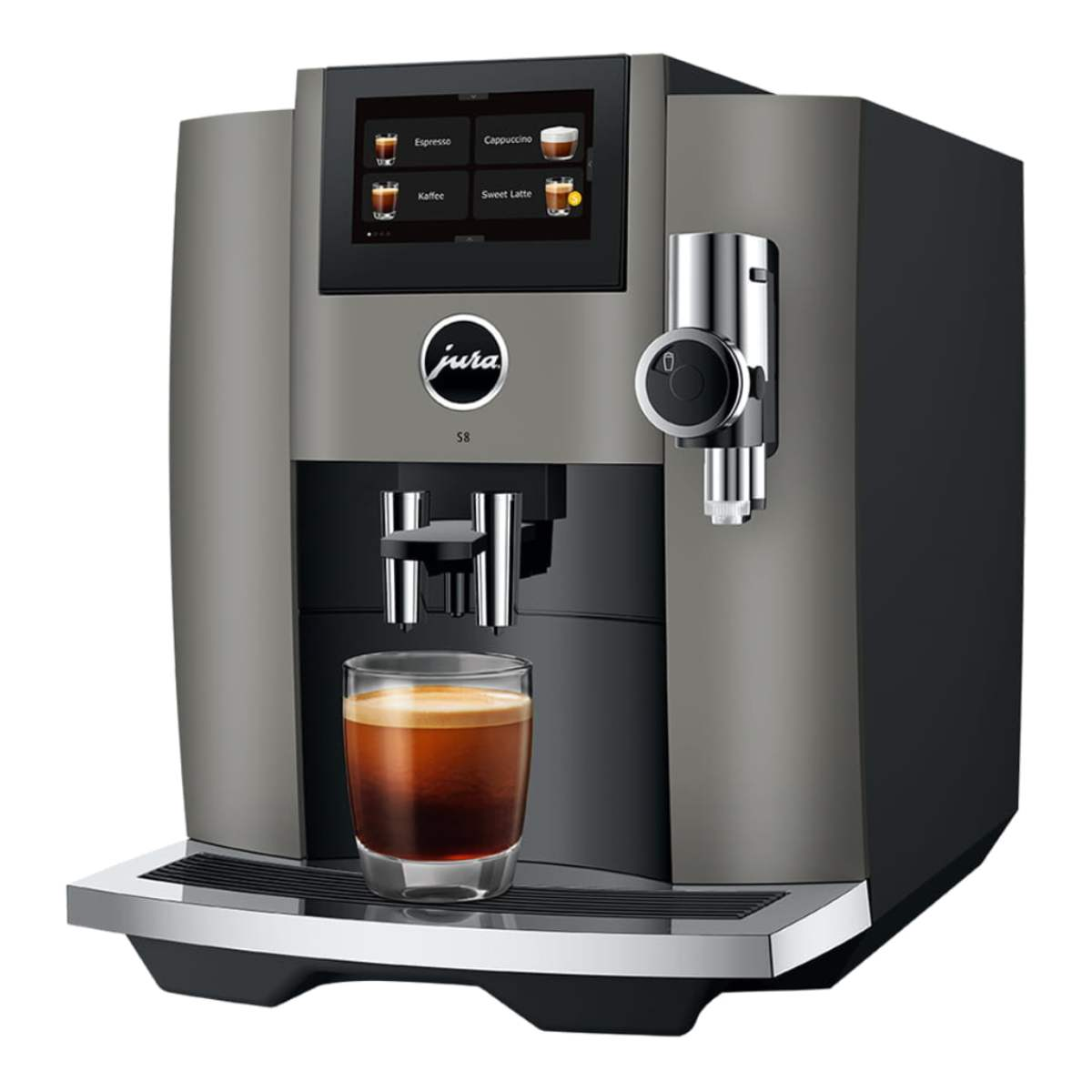 Eine moderne Jura Kaffeemaschine mit einem Glas Espresso.