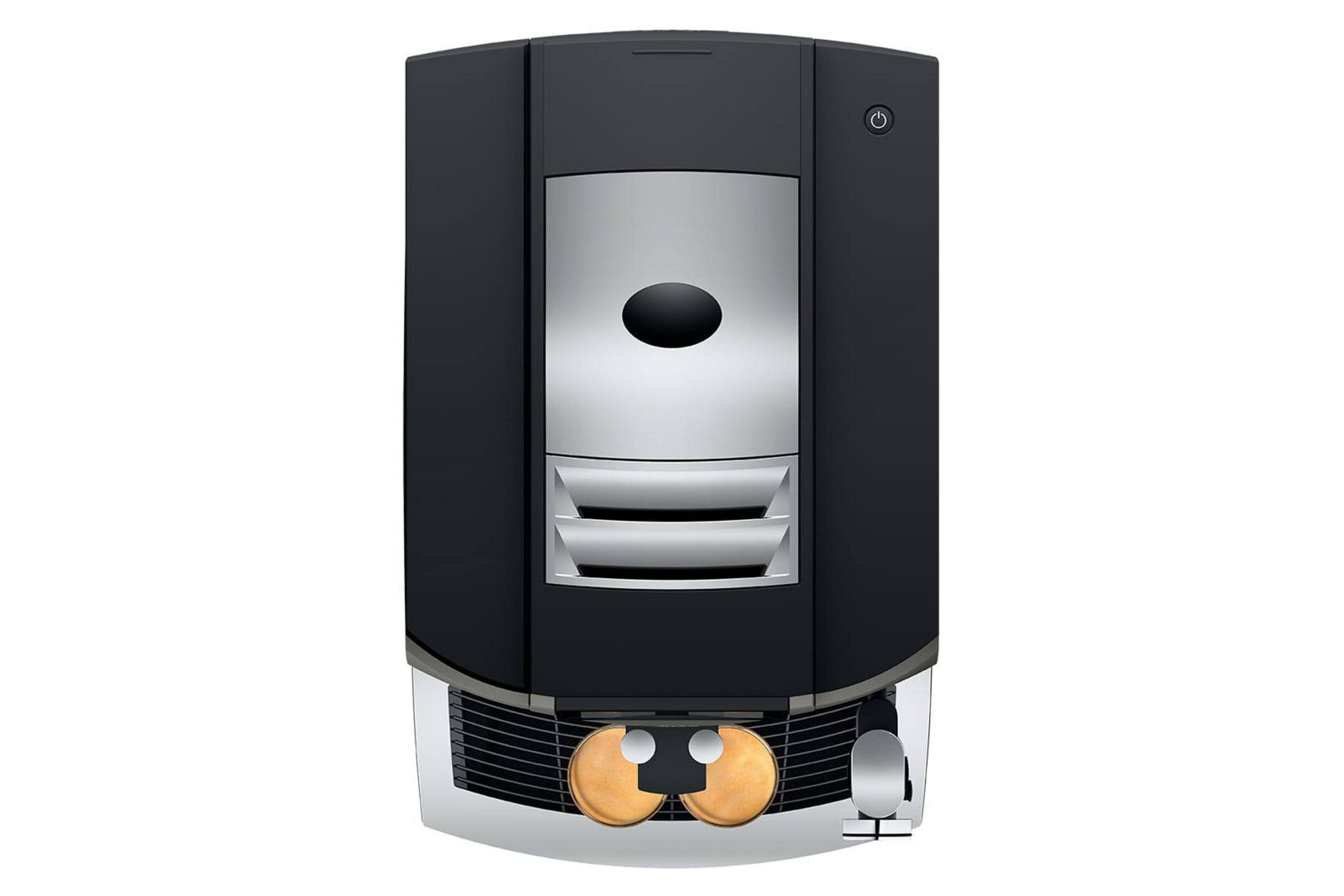 Schwarze Kaffeemaschine mit silbernen Elementen und zwei goldenen Tassenhaltern.