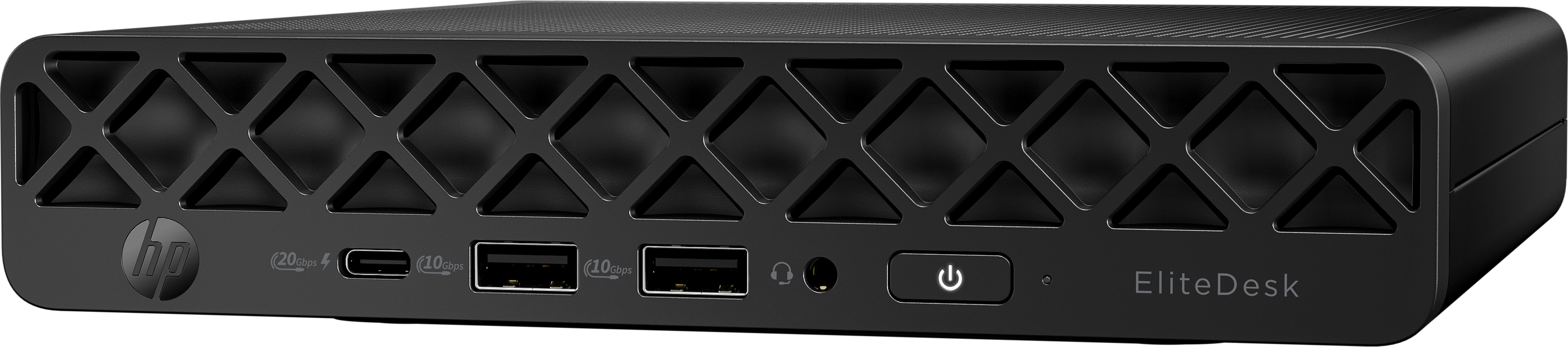 Schwarzer kompakter HP EliteDesk Computer mit USB-Anschlüssen und Power-Taste.
