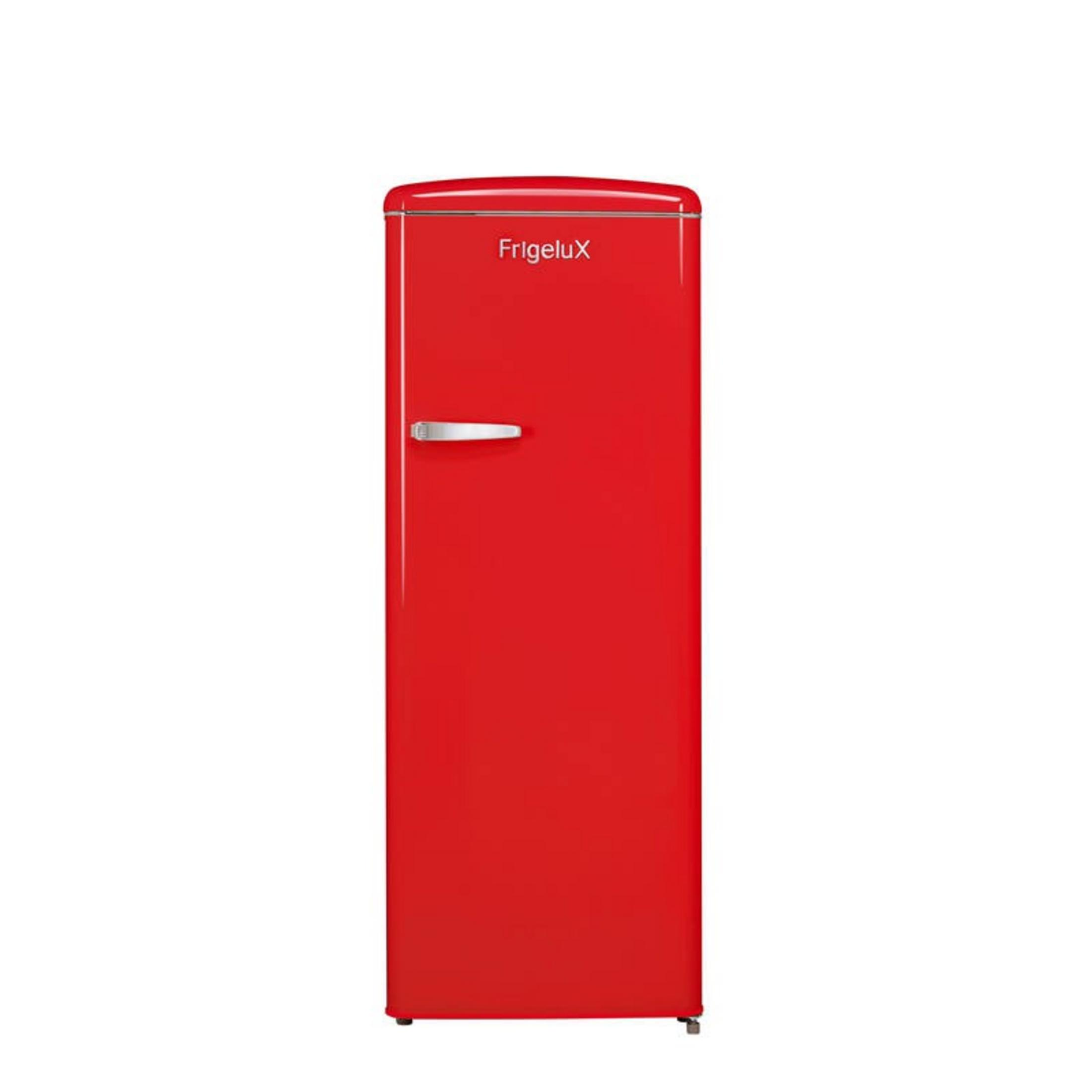 Ein roter Kühlschrank mit silbernem Griff und FrigeluX-Logo.