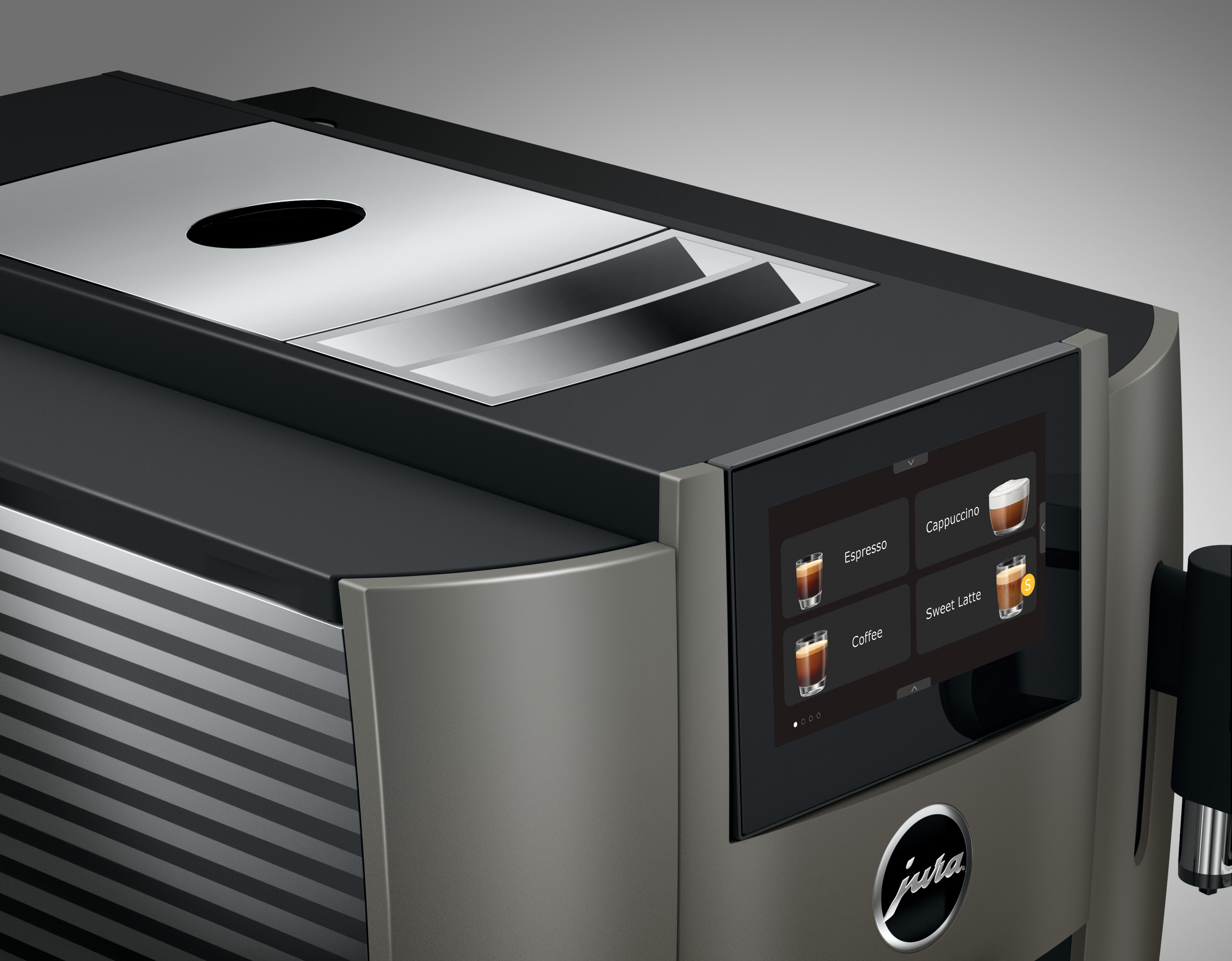 Eine moderne Kaffeemaschine mit Touchscreen-Menü, das Espresso, Cappuccino und Sweet Latte anzeigt.