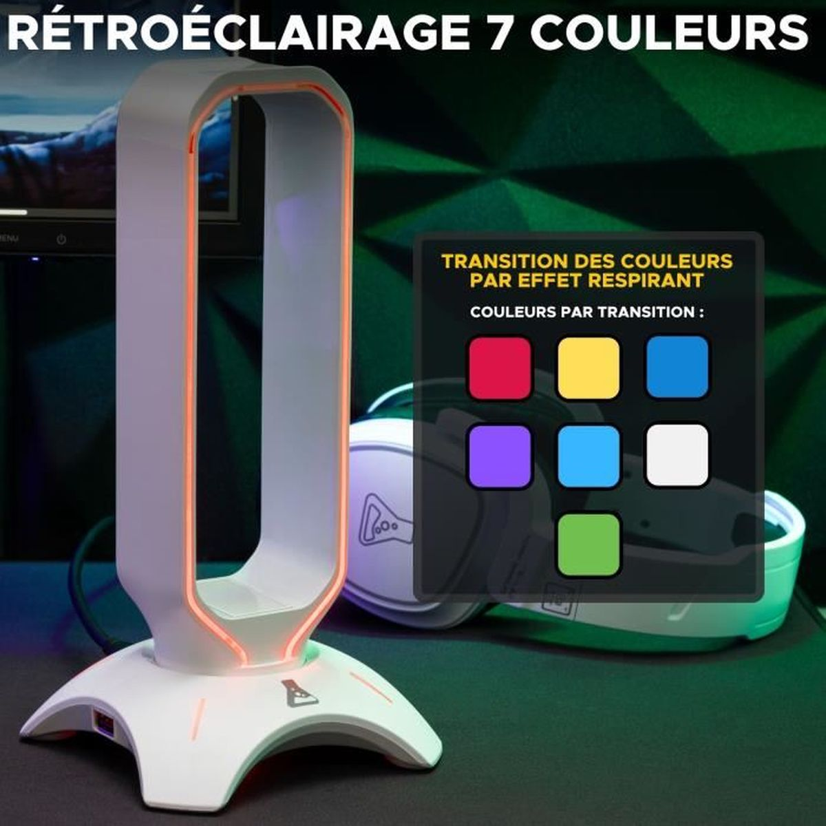 Ein weißer Kopfhörerständer mit RGB-Beleuchtung und Farbfeldern.