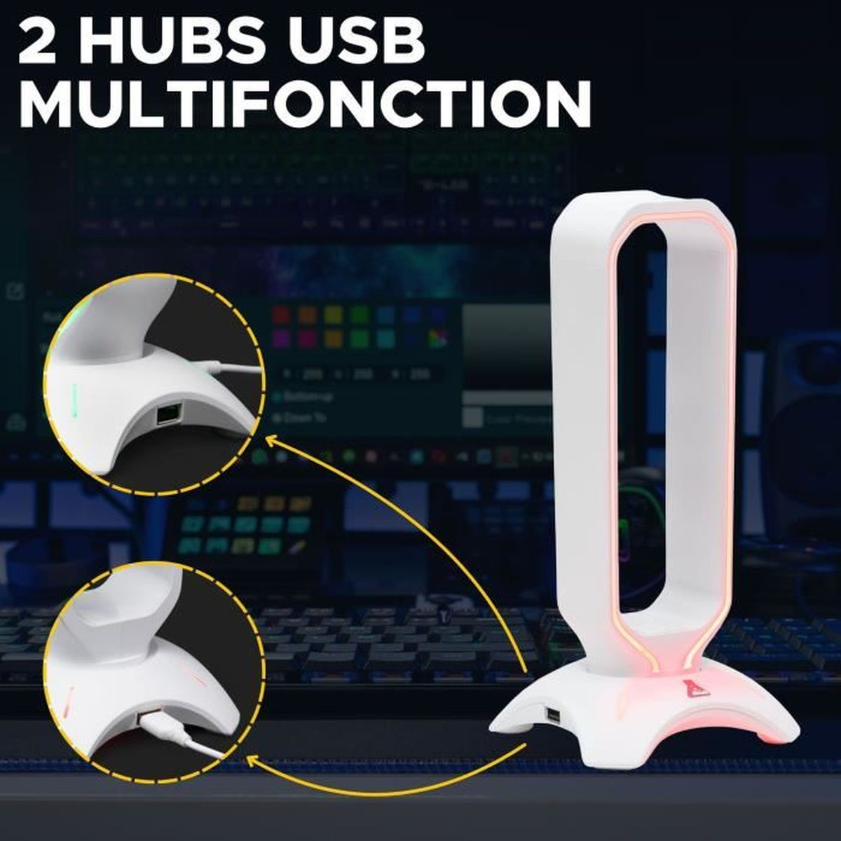 Weißer Kopfhörerständer mit RGB-Beleuchtung, zwei USB-Anschlüssen, Nahaufnahmen.
