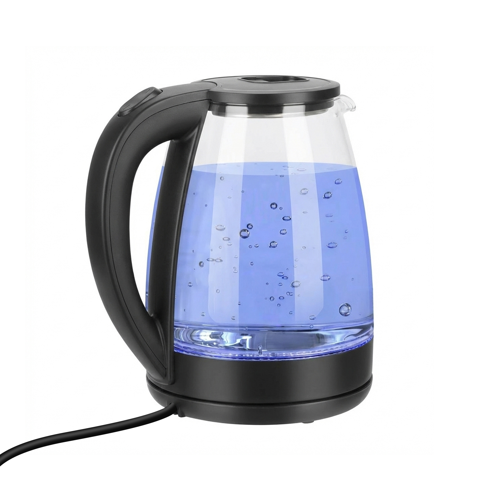 Une bouilloire électrique transparente remplie d'eau bleue et de bulles.