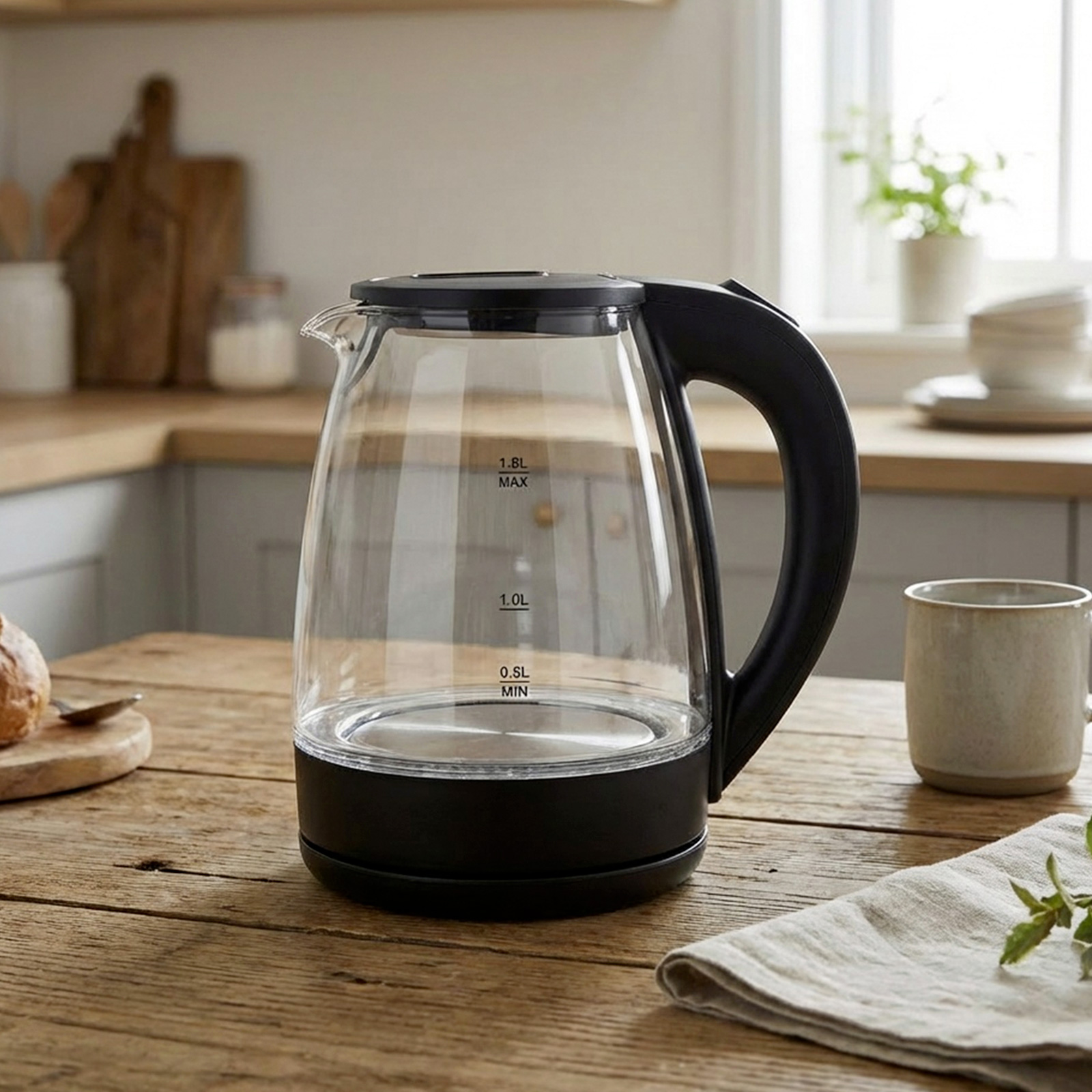 Bouilloire en verre avec poignée noire sur table en bois, à côté d'une tasse.