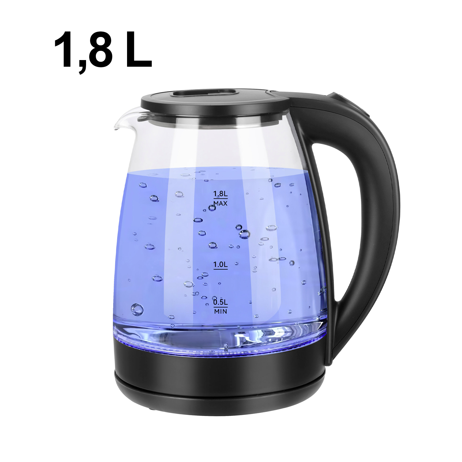 Une bouilloire électrique en verre de 1,8 L remplie d'eau bleue éclairée et d'une poignée noire.