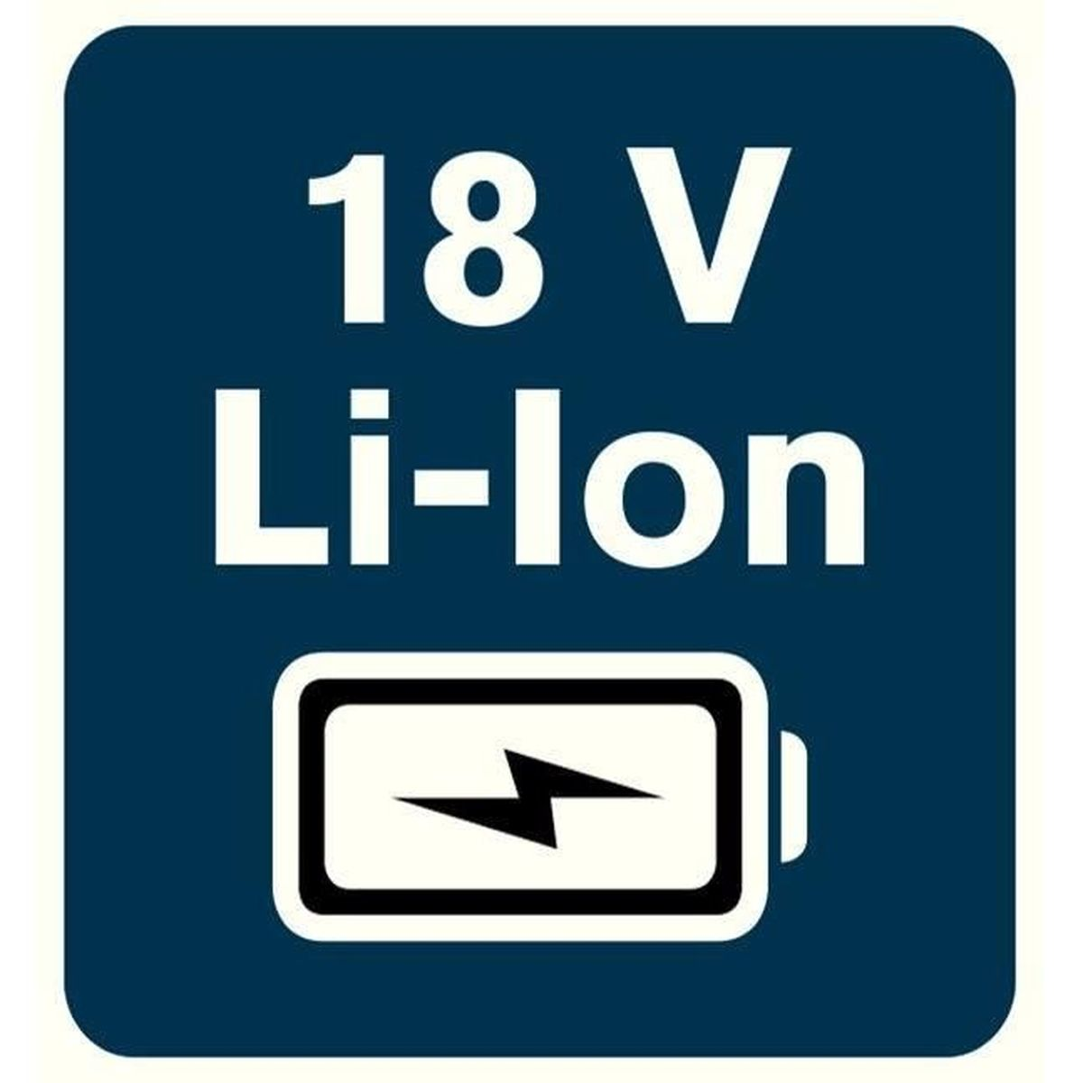Symbol baterii 18V Li-Ion na ciemnoniebieskim tle.