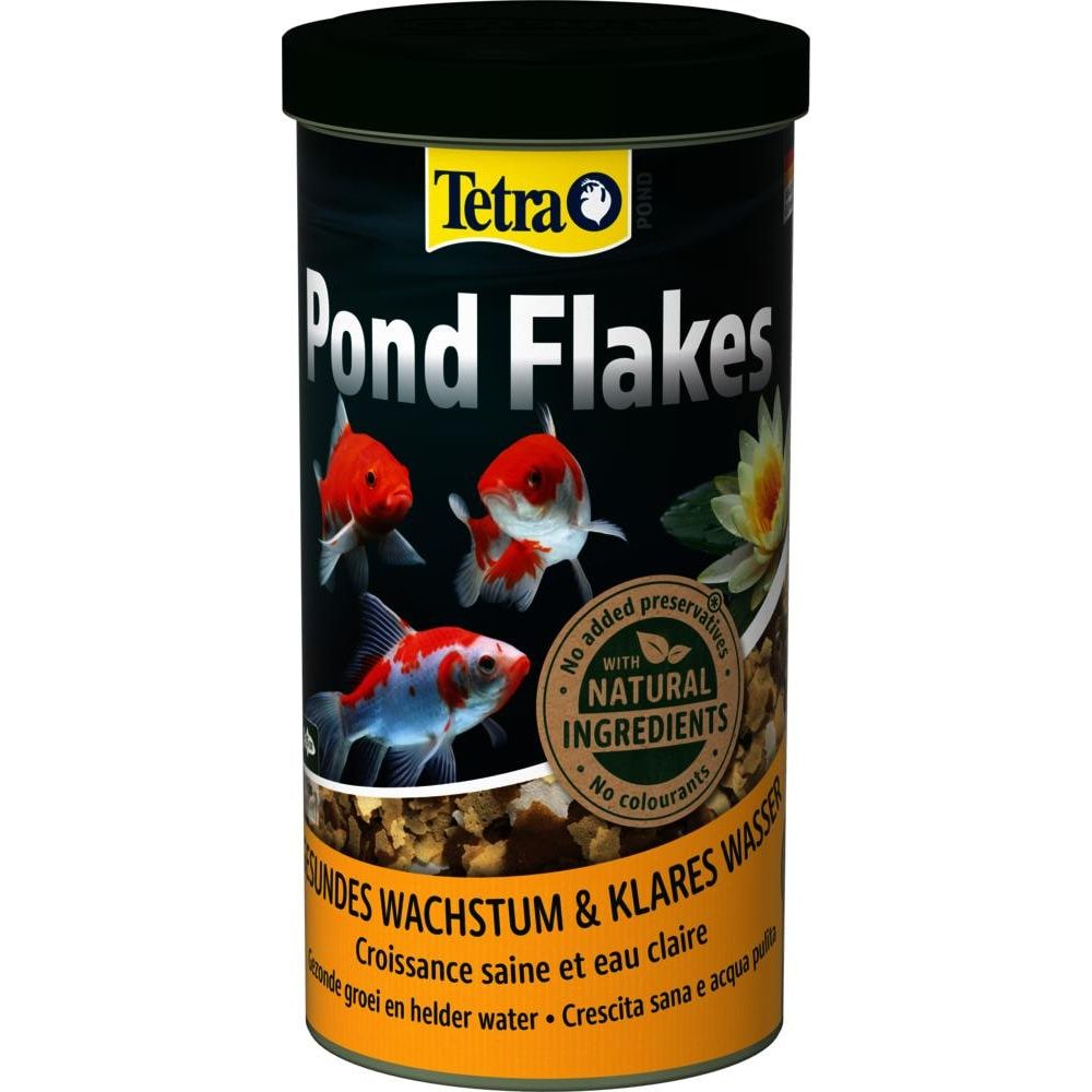 Tetra Pond Flakes Futterdose mit drei Koi-Karpfen und Text.