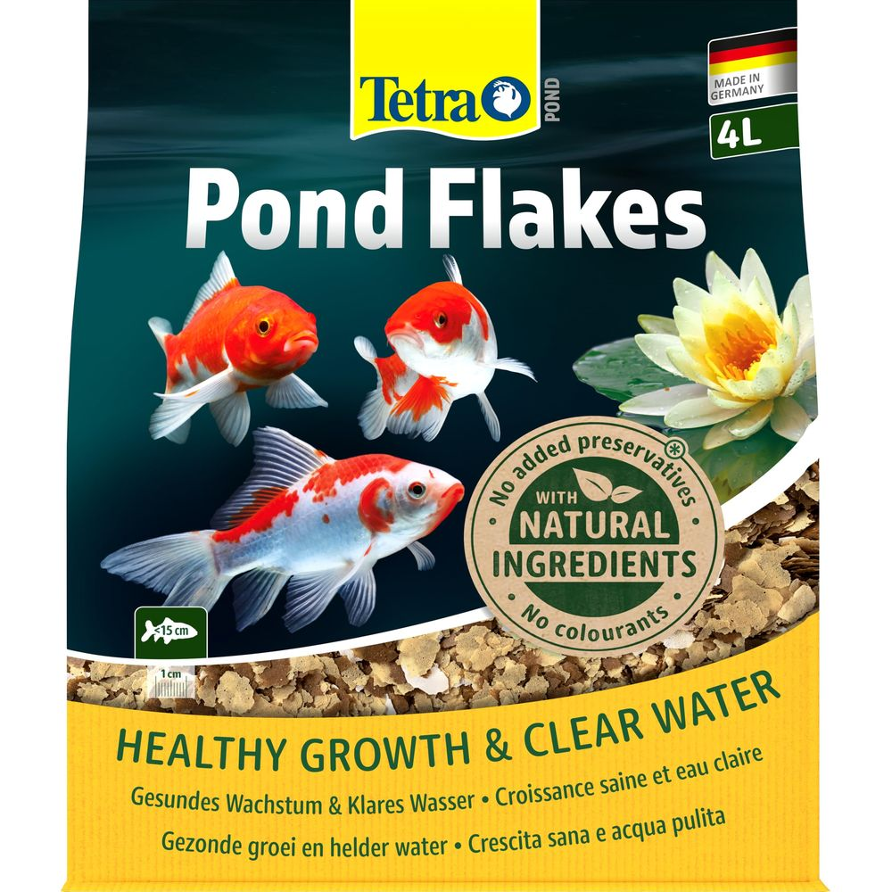 Verpackung mit Goldfischen, Teichflocken, 4L, Made in Germany.