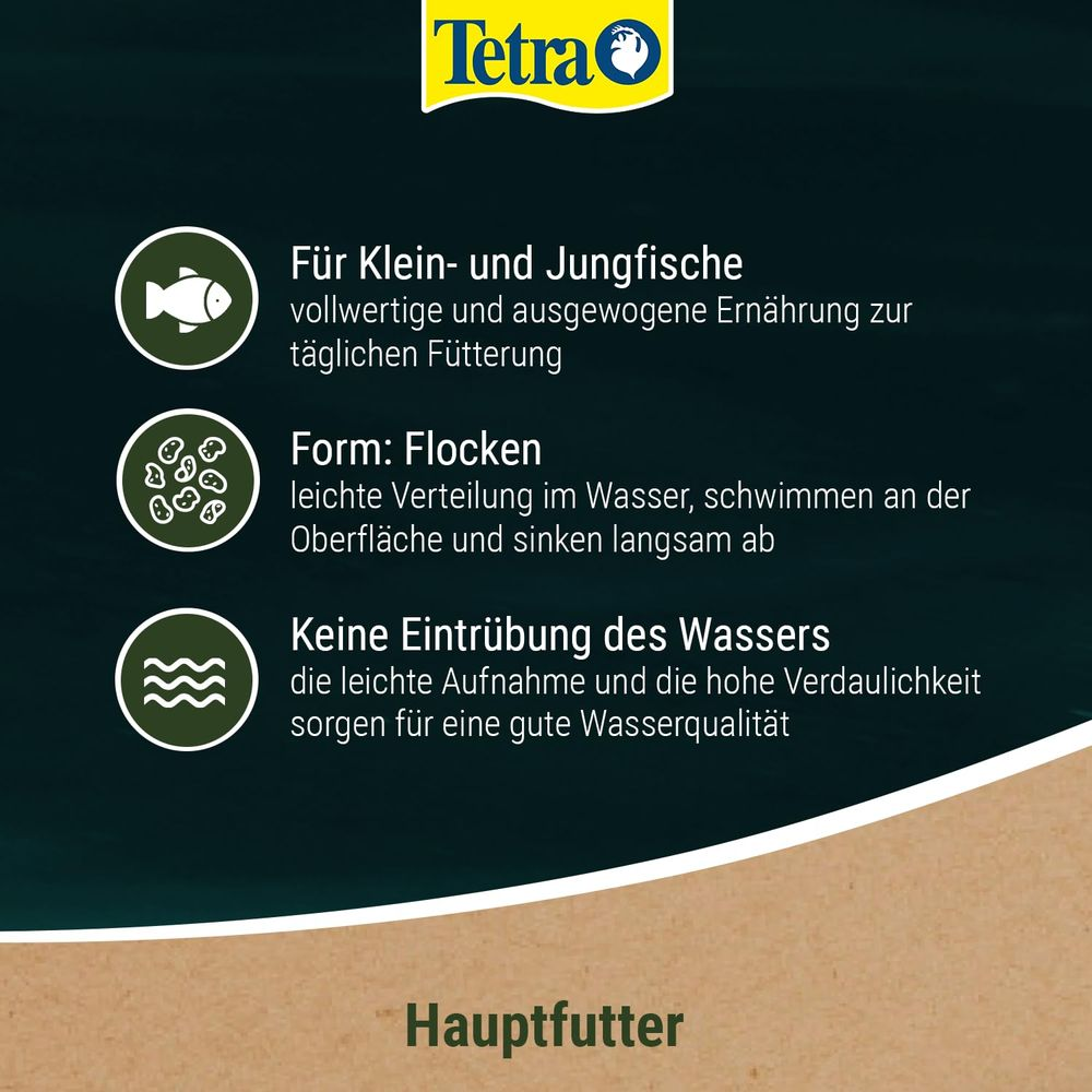 Tetra Hauptfutter für Klein- und Jungfische. Flockenform, für gute Wasserqualität.