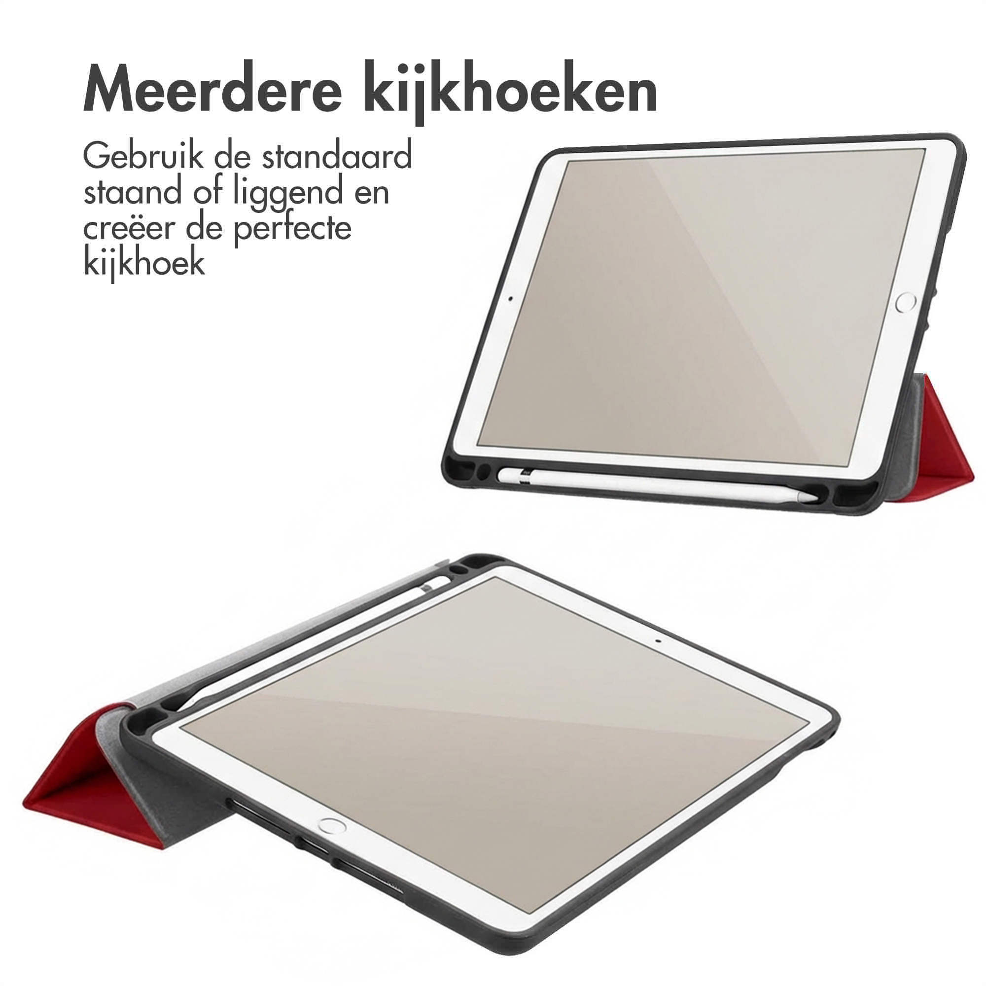 Een tablet in een hoes die als standaard dient, met een pen.