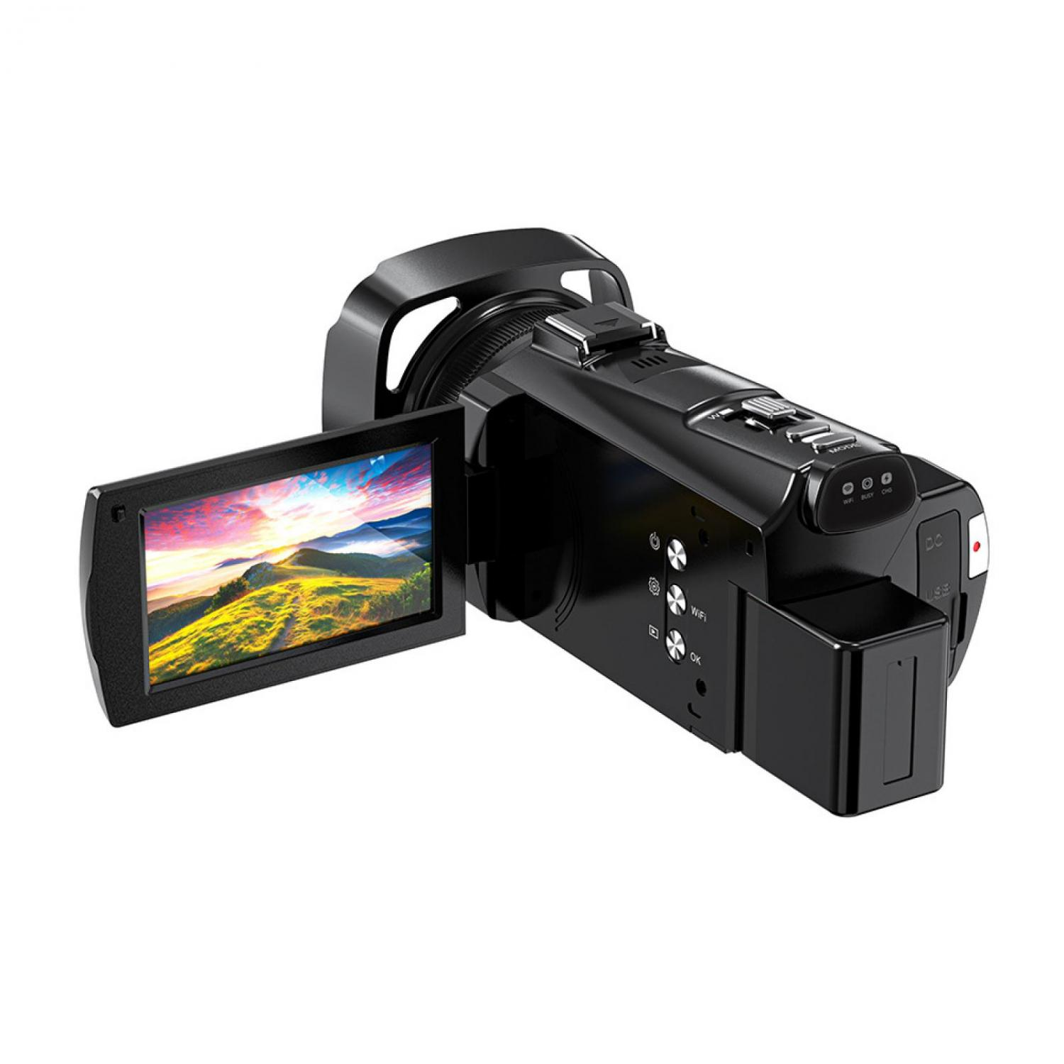 Schwarzer Camcorder mit aufklappbarem Bildschirm, der eine Landschaft zeigt.