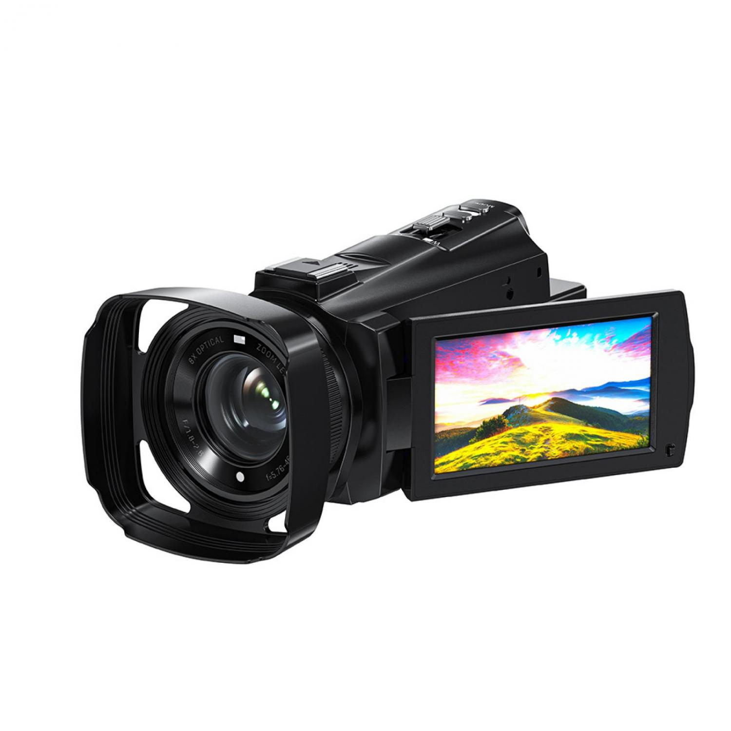 Schwarzer Camcorder mit 8-fach optischem Zoomobjektiv und schwenkbarem LCD-Bildschirm.