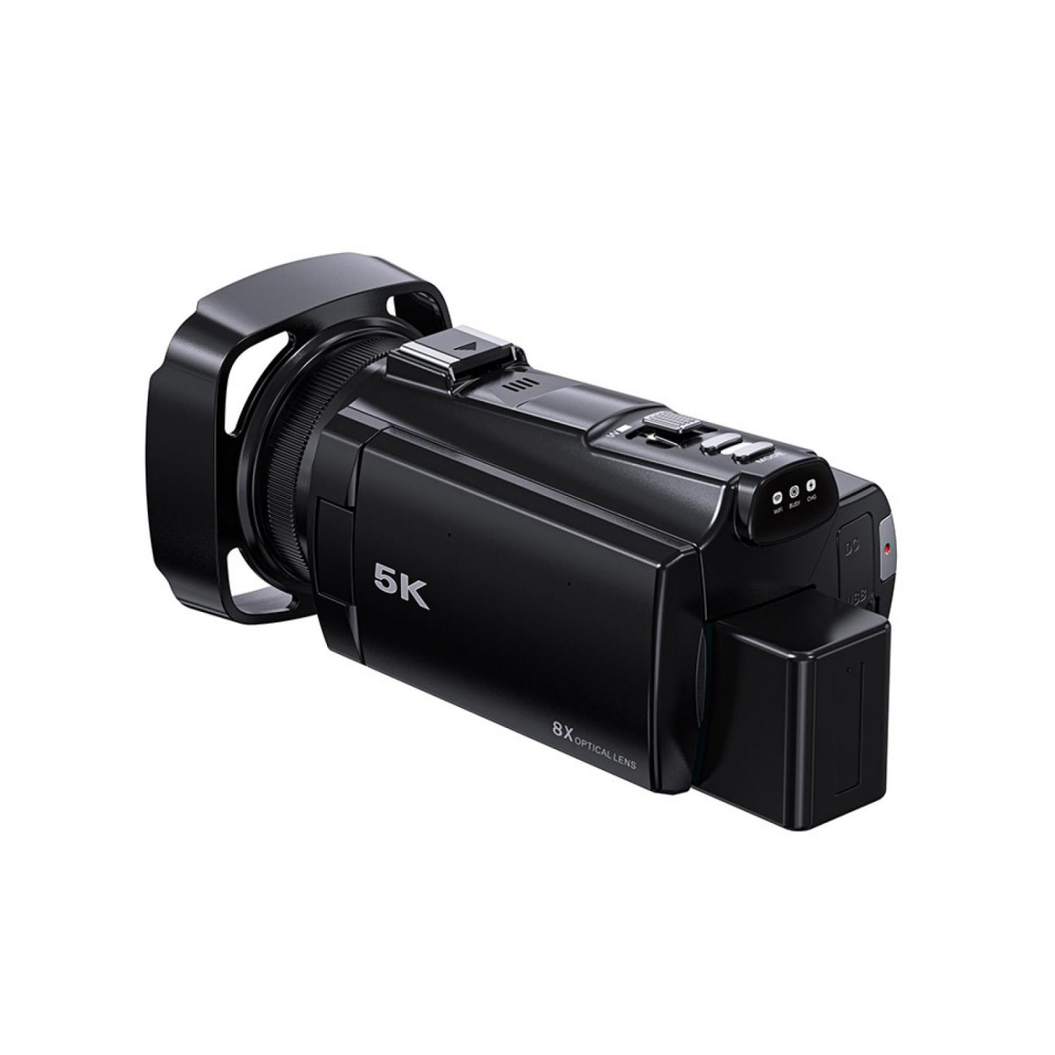 Schwarzer Camcorder mit 5K-Auflösung und 8-fach optischem Zoom.