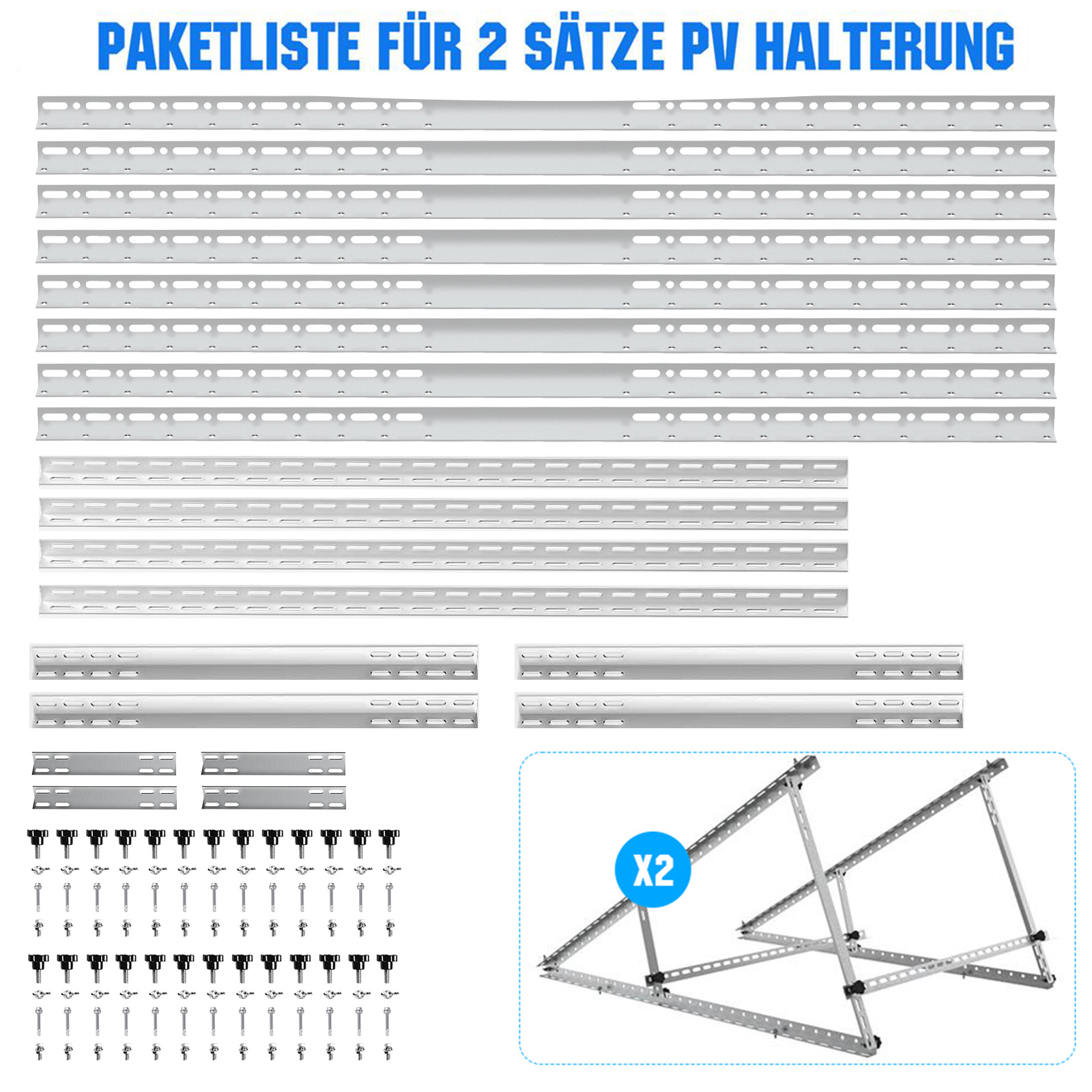 Teileliste für 2 PV-Montagesätze mit Schienen, Halterungen und Schrauben.