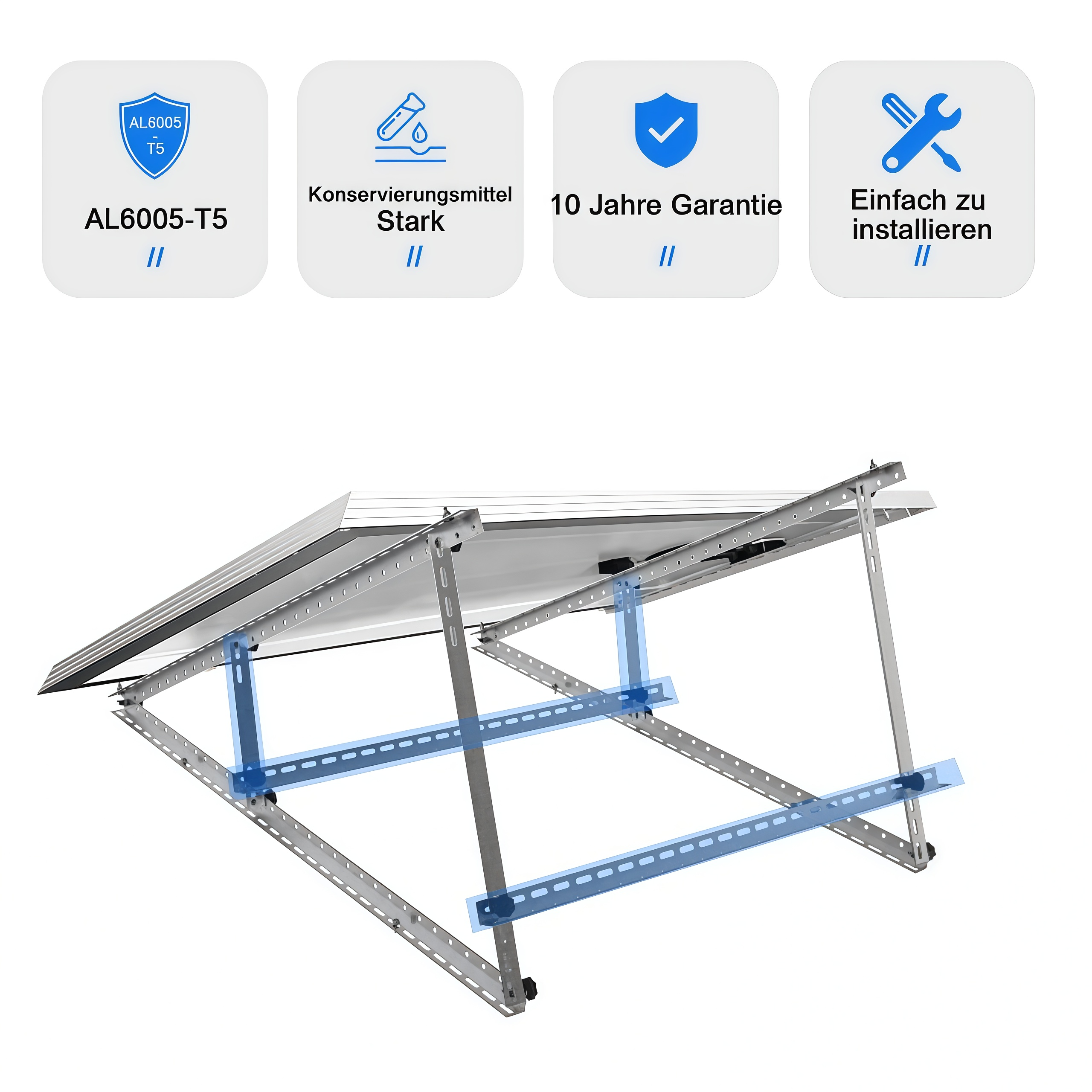 Solarpanel-Montagestruktur aus Aluminium mit blauen Verstrebungen.