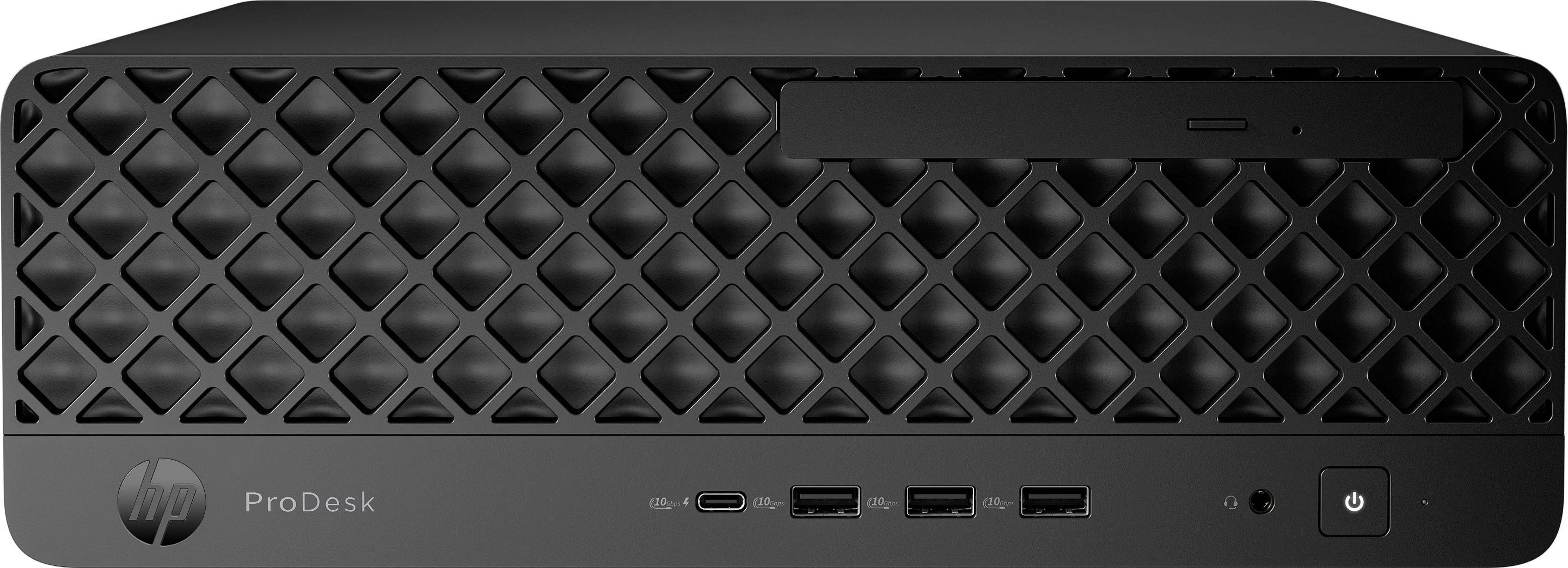 Computer HP ProDesk nero con griglia frontale, porte USB e pulsante di accensione.