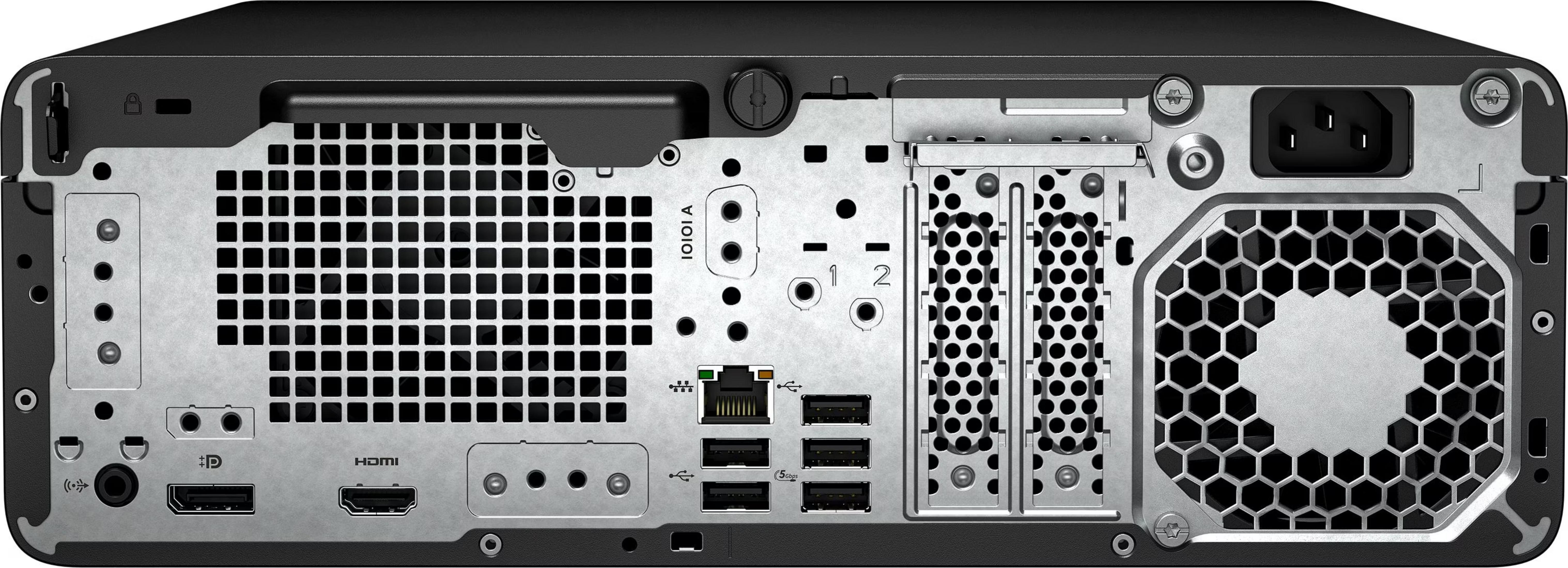 Vista posteriore di un PC con prese d'aria, porte USB, HDMI, Ethernet e ingresso di alimentazione.