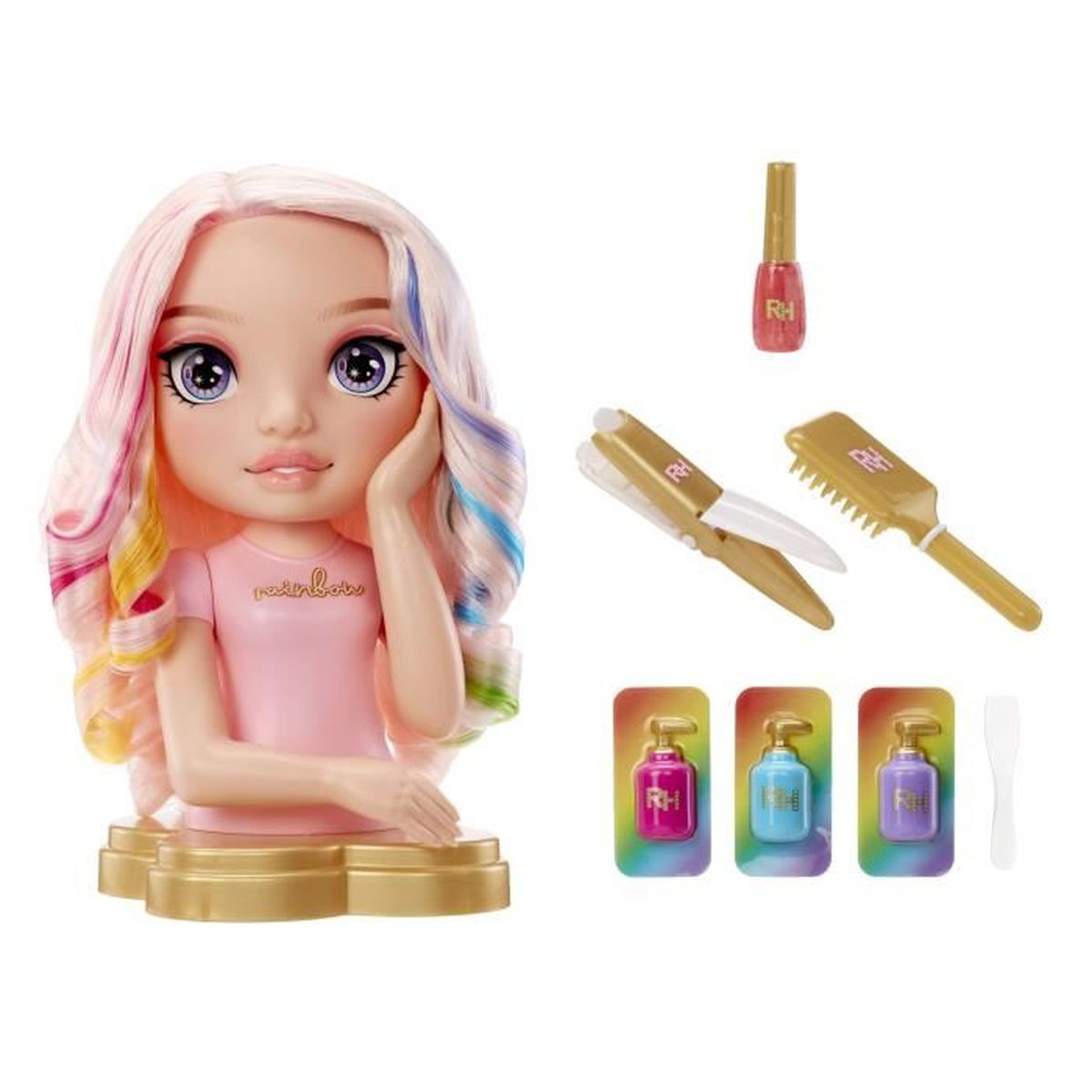 Puppenbüste mit Regenbogenhaar und Zubehör: Haarglätter, Bürste, Nagellack, Lotionen.