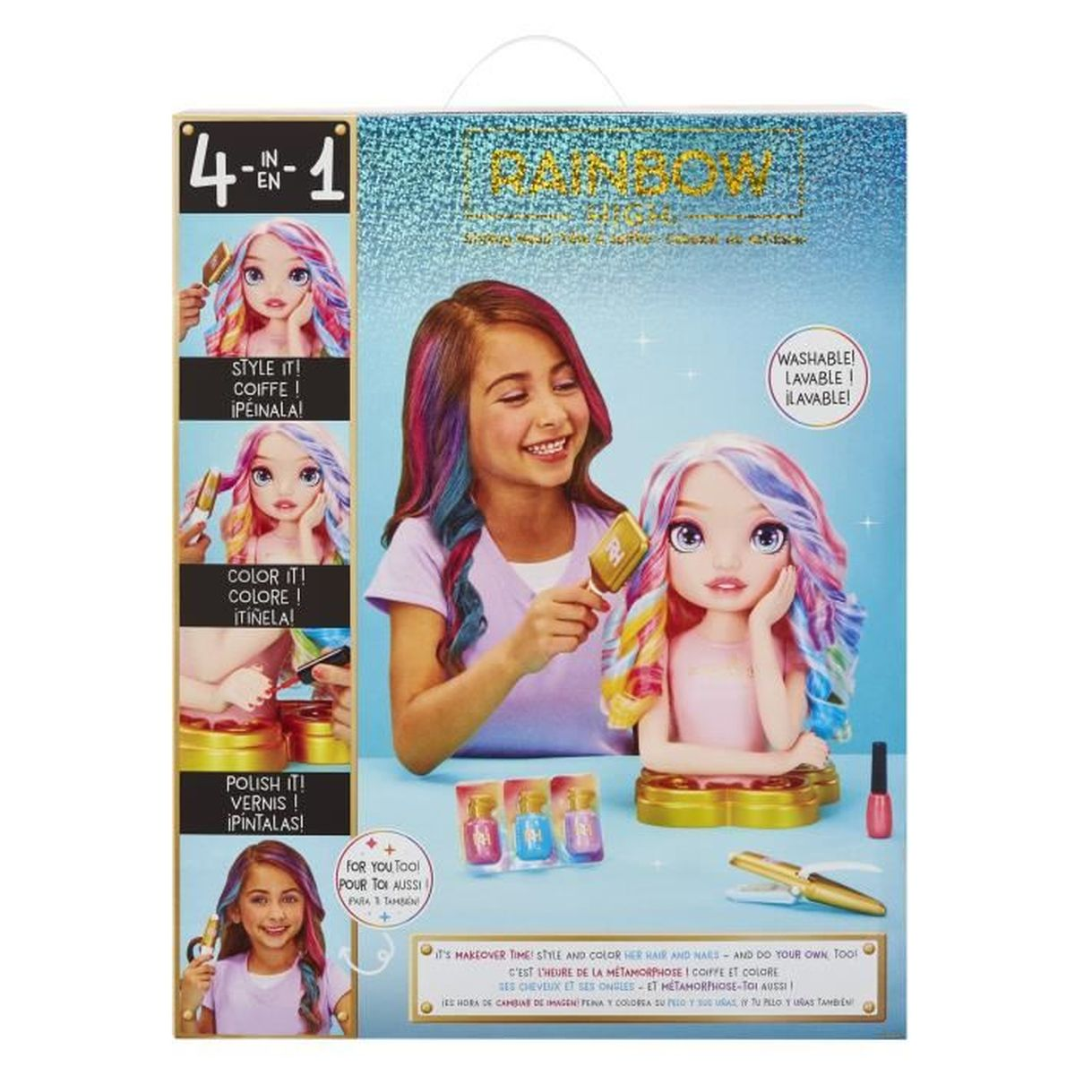 Verpackung für ein Rainbow High Spielzeug mit Mädchen, Puppe, Bürsten und Nagellack.