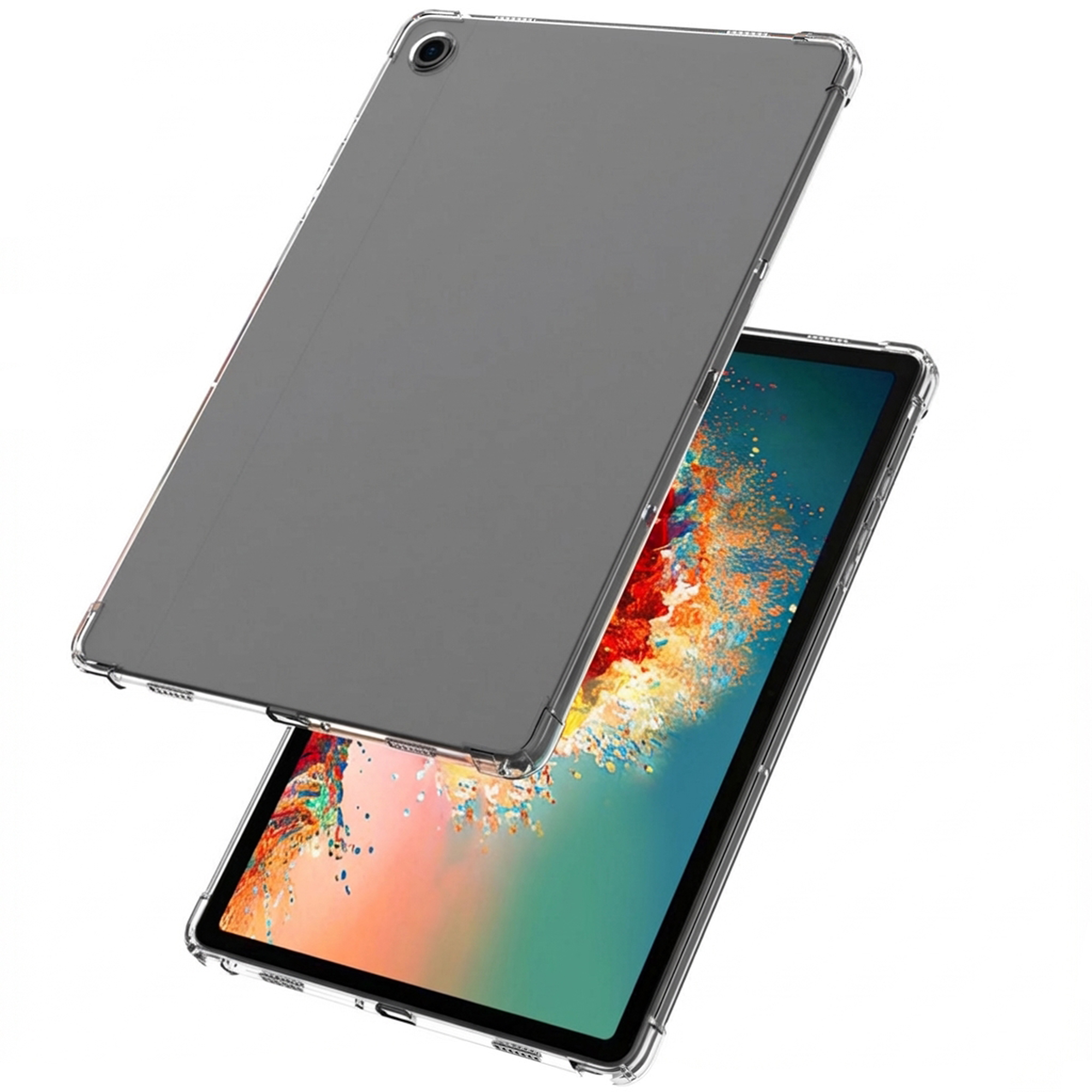A gray tablet with a clear case rests on a white background.