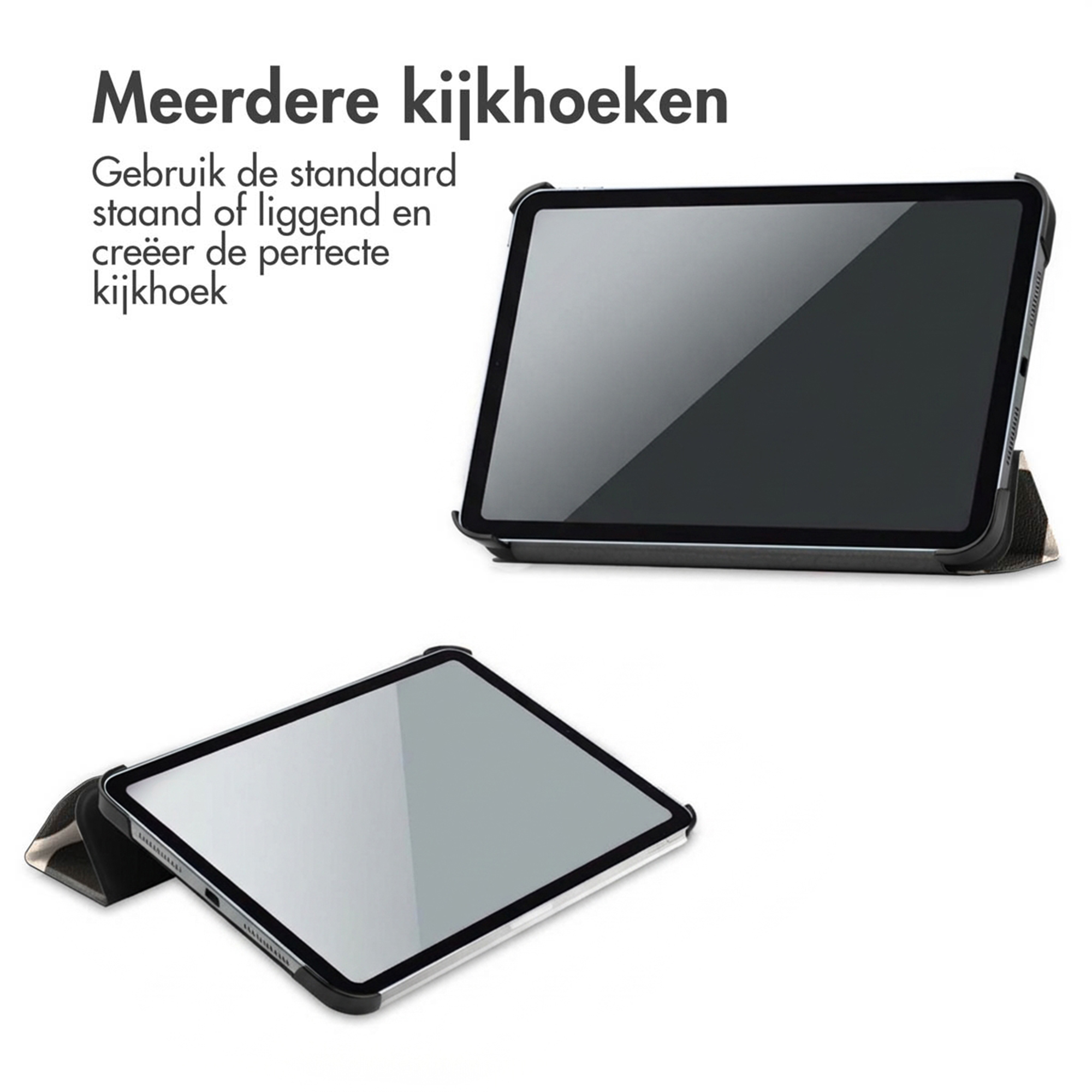 A tablet in a black stand, shown in two different angles.