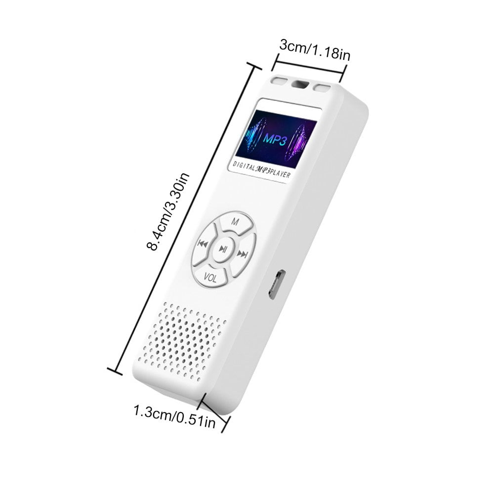 Weißer digitaler MP3-Player mit Bildschirm, Tasten und Lautsprechergitter. Maße angezeigt.