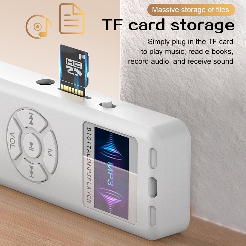 Weißer MP3-Player mit TF-Kartenslot, Wiedergabetasten und kleinem Bildschirm.