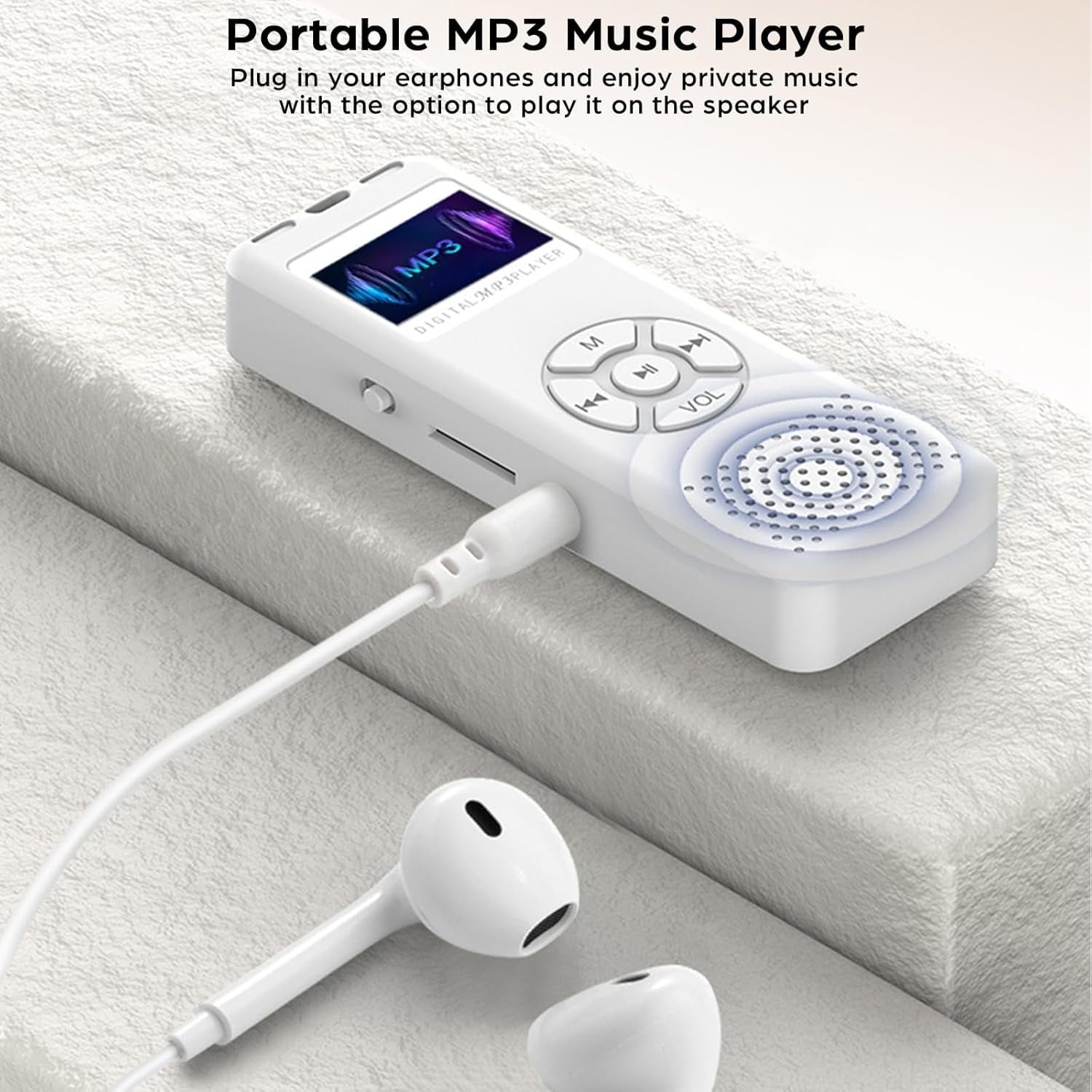 Weißer tragbarer MP3-Player mit Bildschirm, Tasten, Lautsprecher und weißen Kopfhörern.