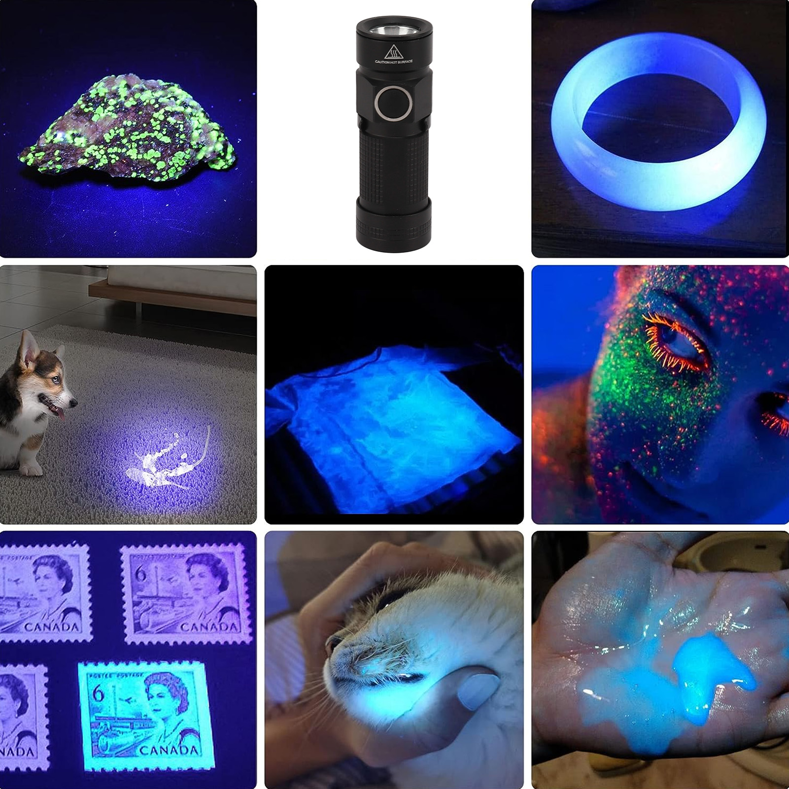 Fluoreszierender Stein leuchtet grün unter UV-Licht; schwarze Taschenlampe; blau leuchtendes Armband.
