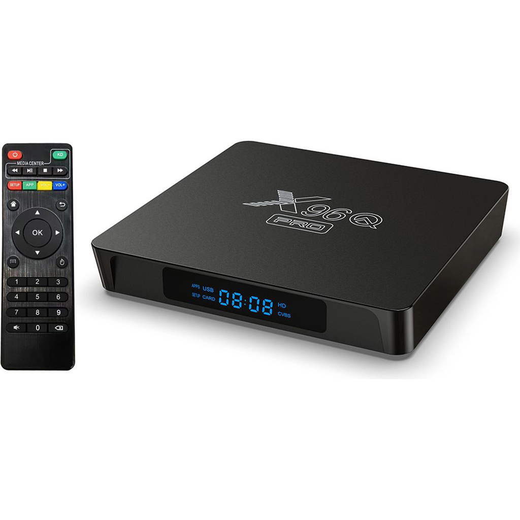 Schwarze Media Box mit Fernbedienung, zeigt 08:08 Uhr an.