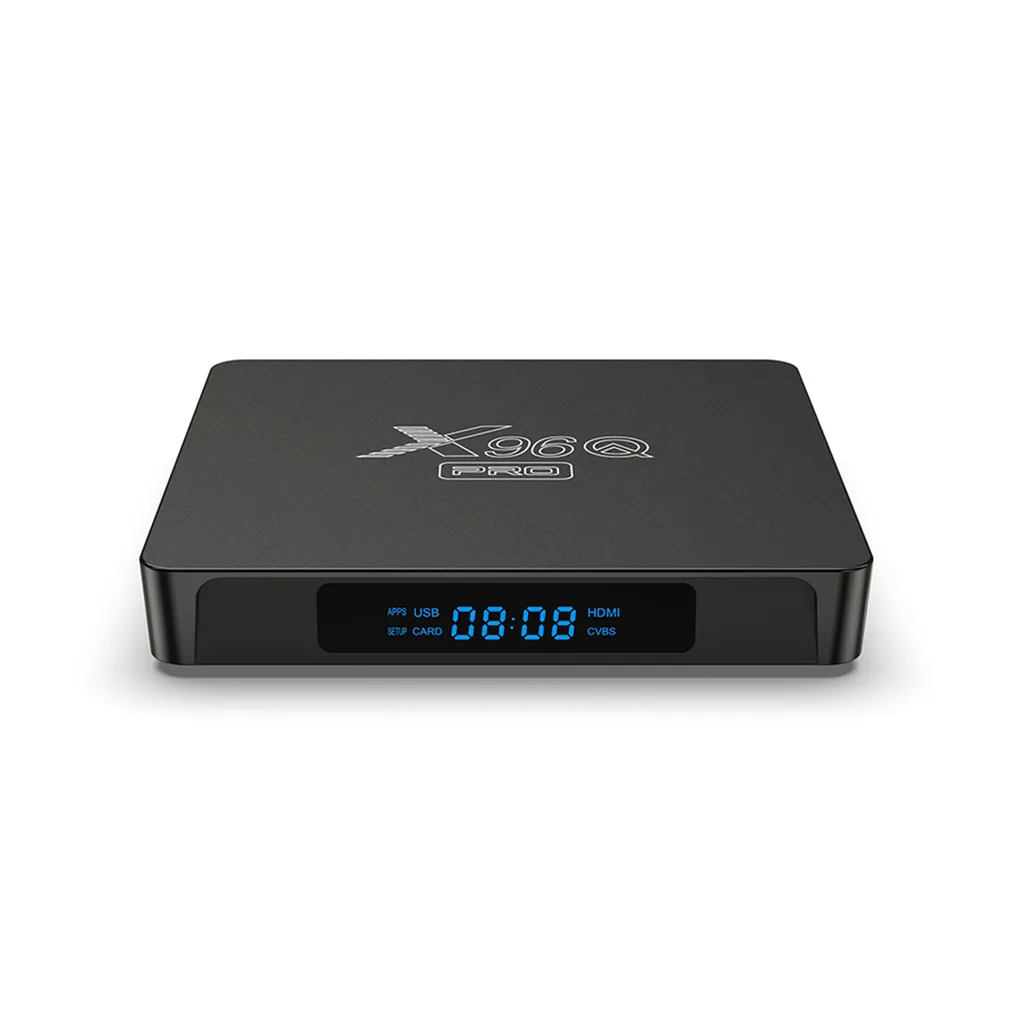 Schwarze Media Box mit blauem Display, das 08:08 anzeigt.
