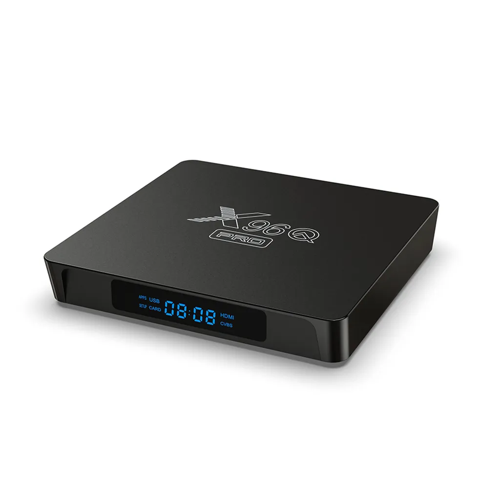 Schwarze Set-Top-Box mit "X96Q PRO"-Logo und blauer Digitalanzeige.