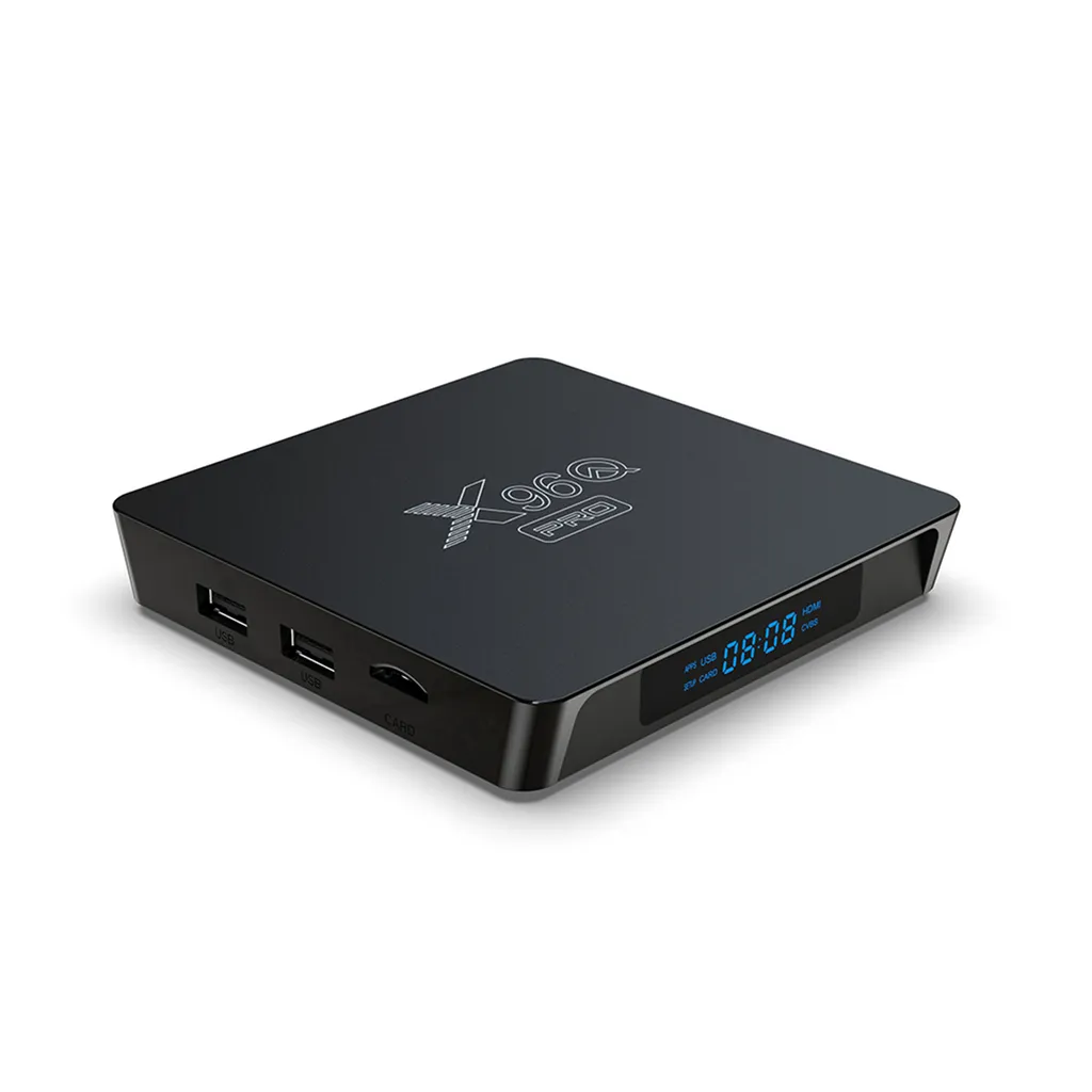 Schwarzer Media Player mit USB-Anschlüssen und digitaler Anzeige.