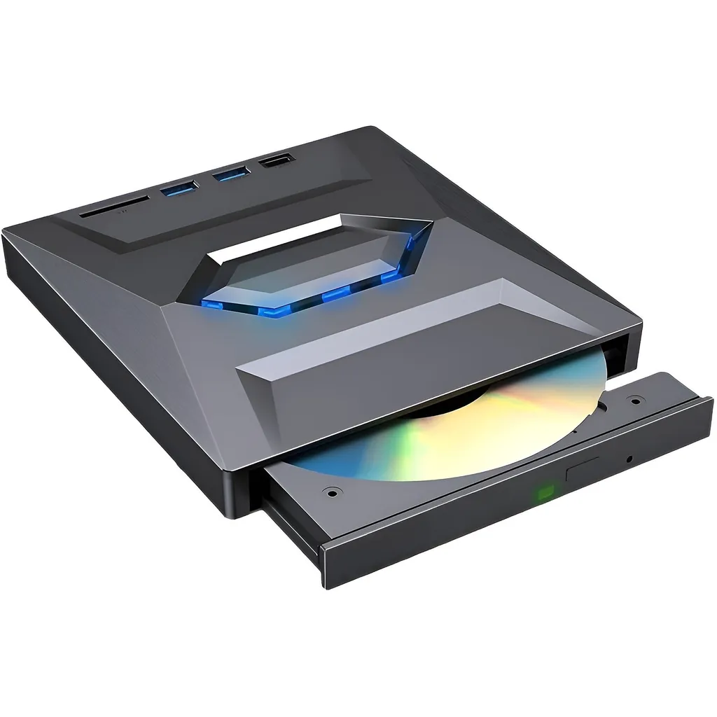 Ein externer CD/DVD-Brenner mit USB-Anschlüssen und einer eingelegten CD.