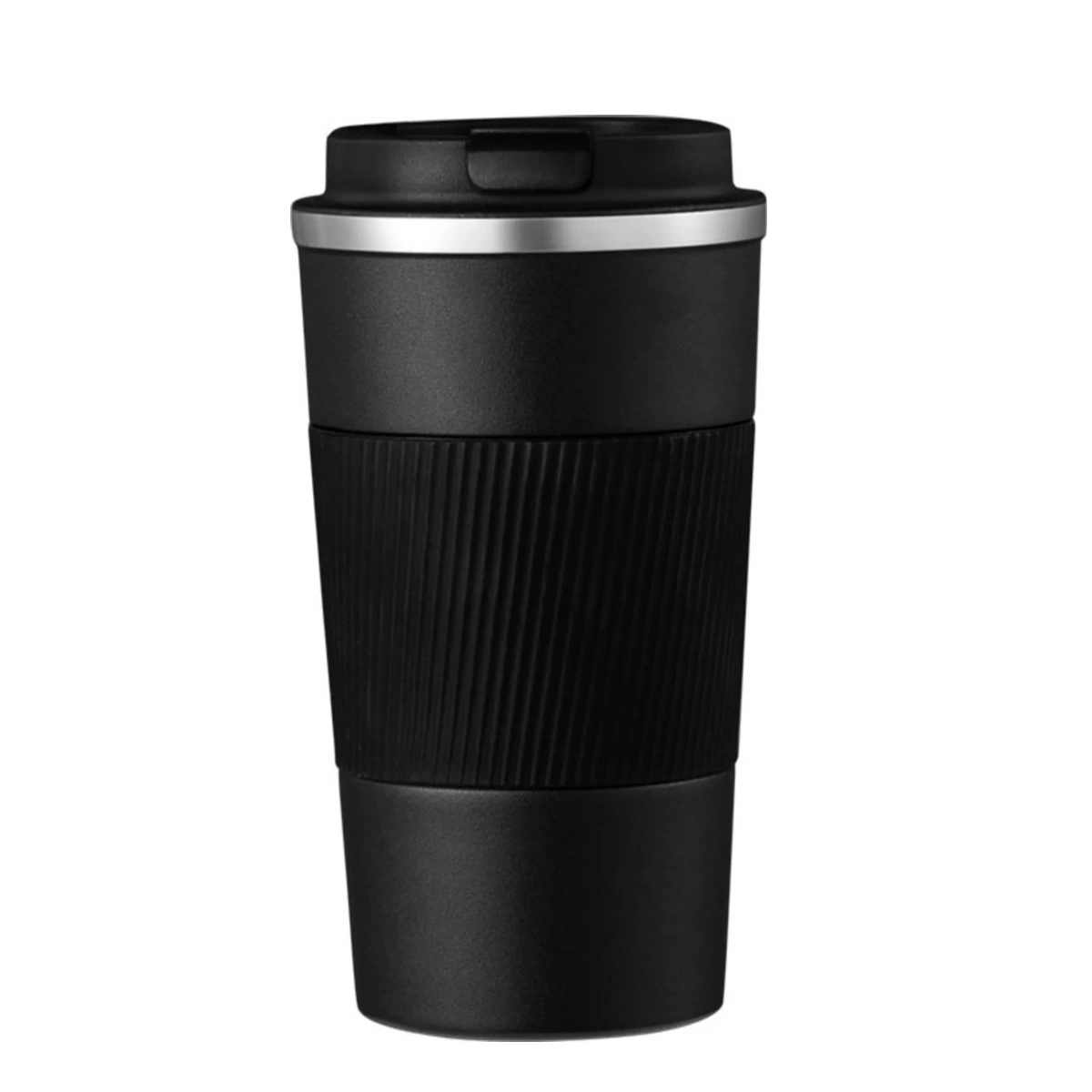 Schwarzer Thermobecher mit geripptem Griff und silbernem Ring am Deckel.