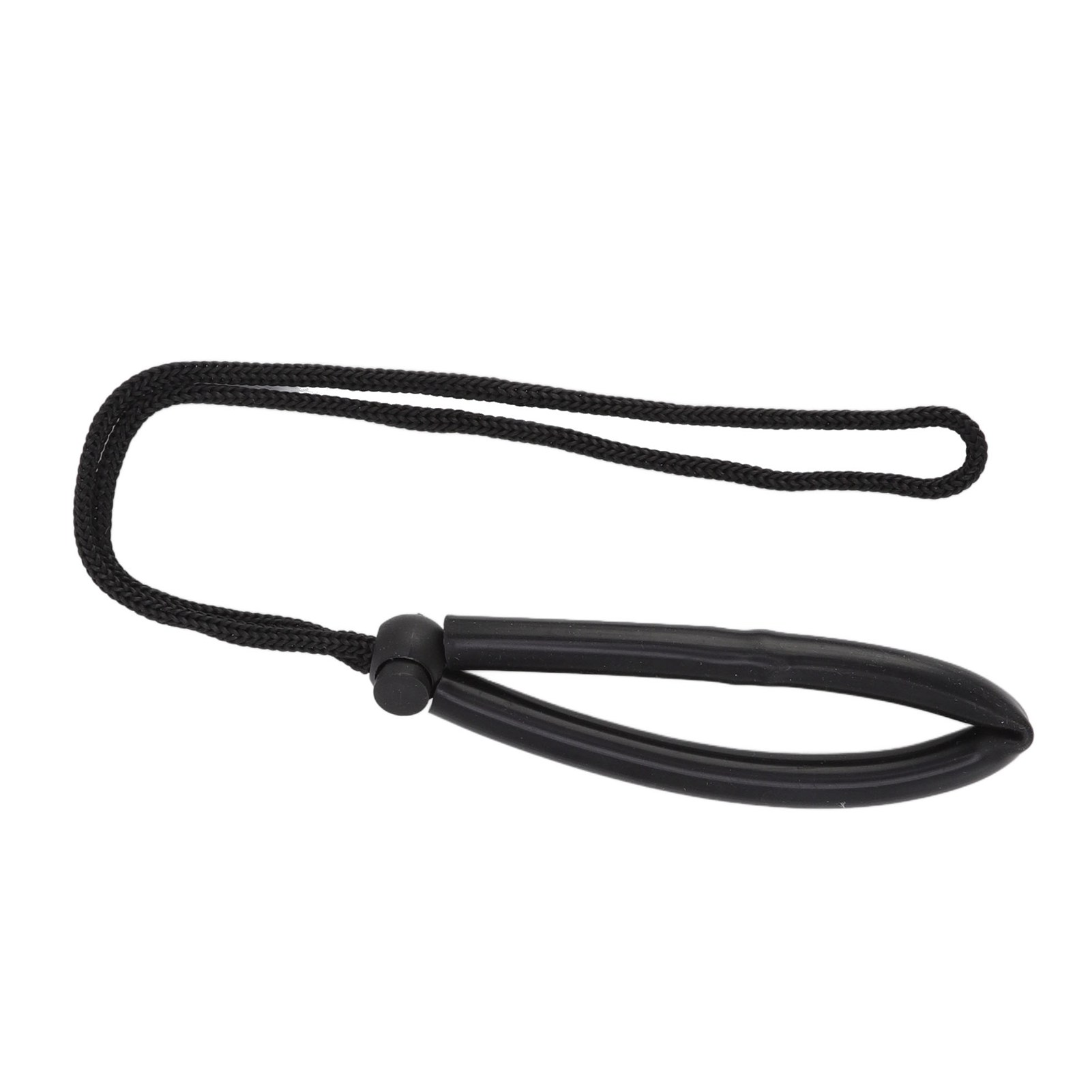 Schwarzes Lanyard mit schwarzer elastischer Schlaufe und Knebelverschluss.
