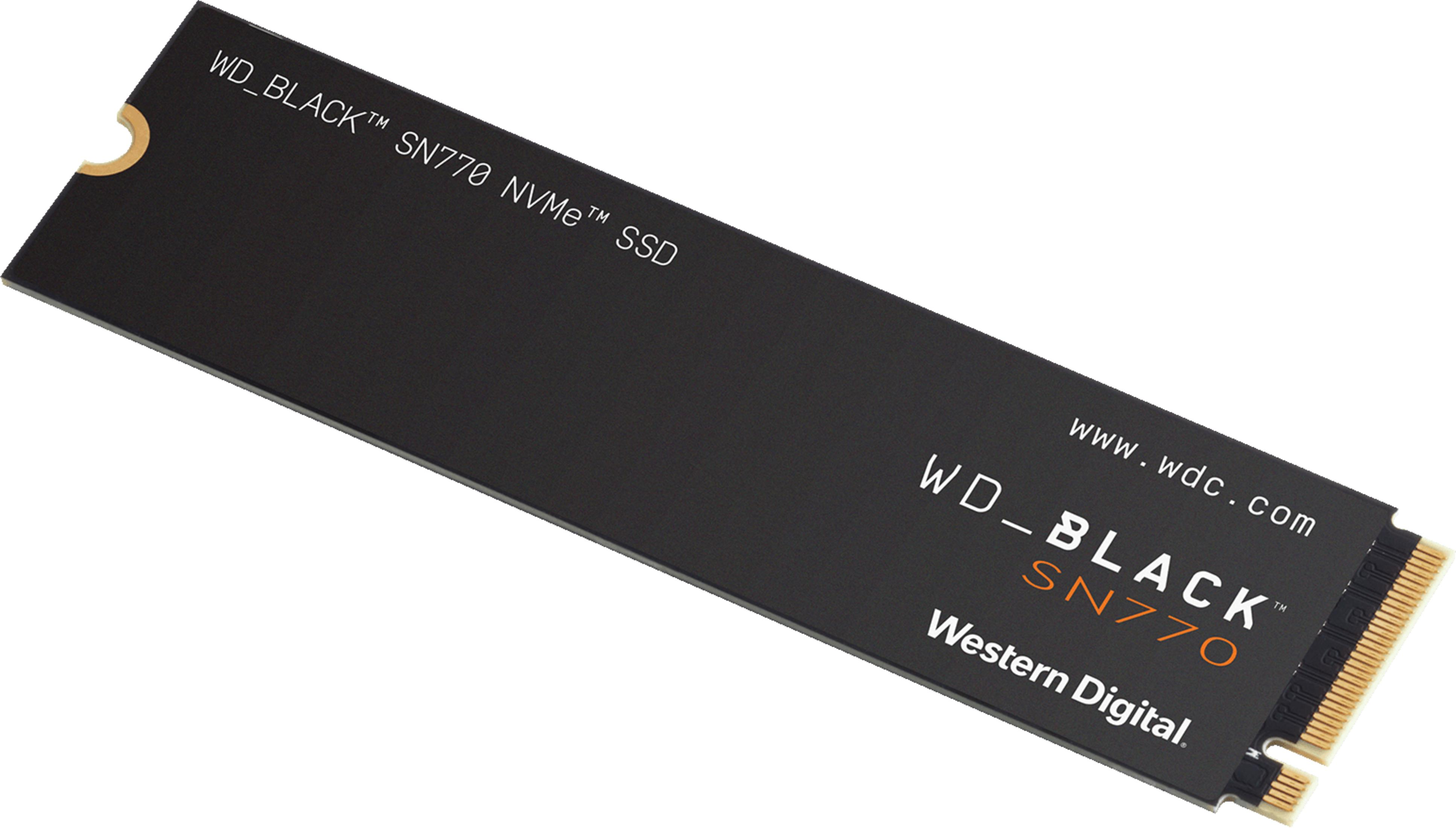 SSD NVMe negra con marca WD_BLACK SN770 y conectores dorados.
