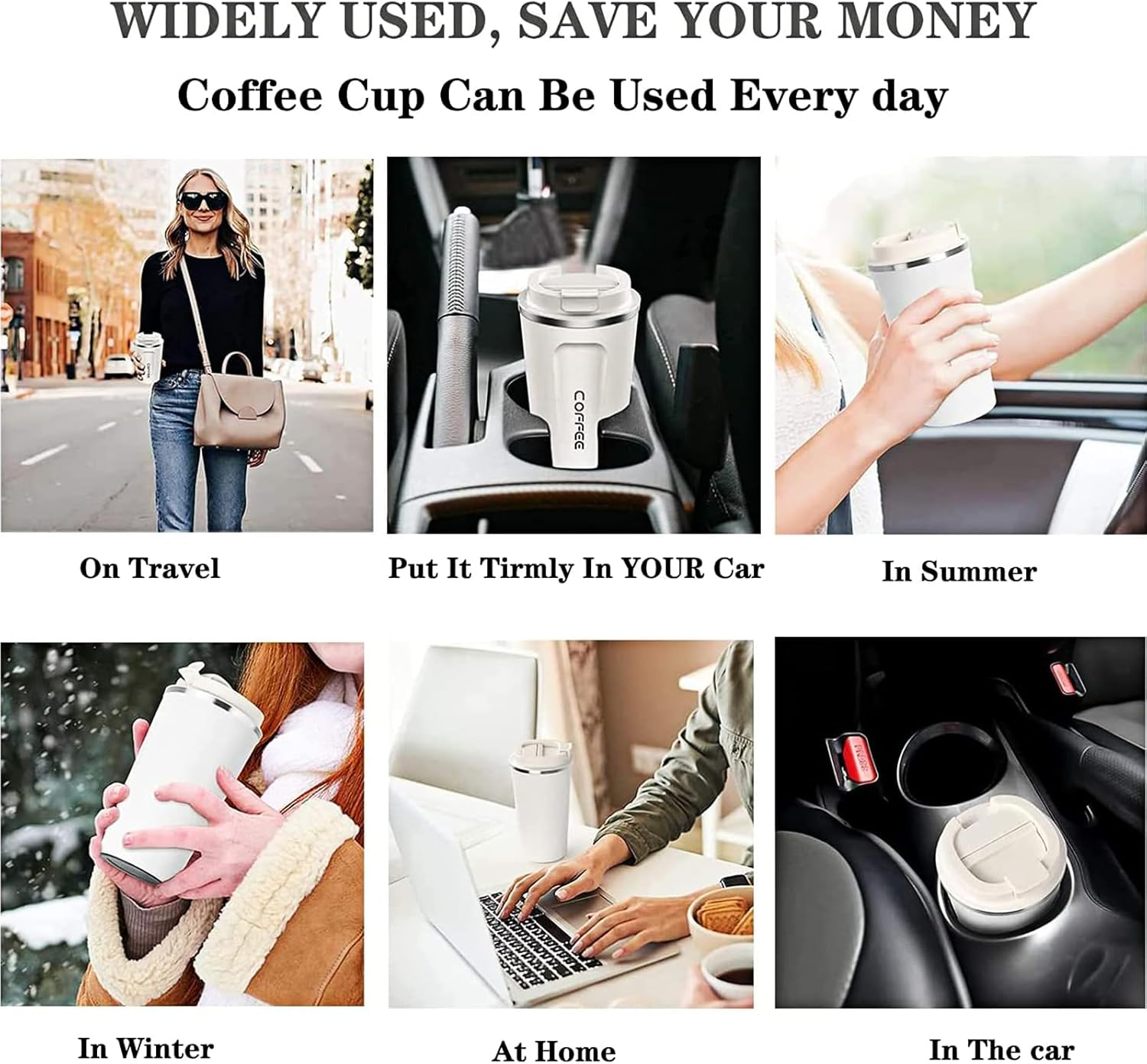 Collage aus 6 Bildern, die eine weiße Kaffeetasse in verschiedenen Umgebungen zeigen: Reisen, Auto, Sommer, Winter, Zuhause und im Getränkehalter.